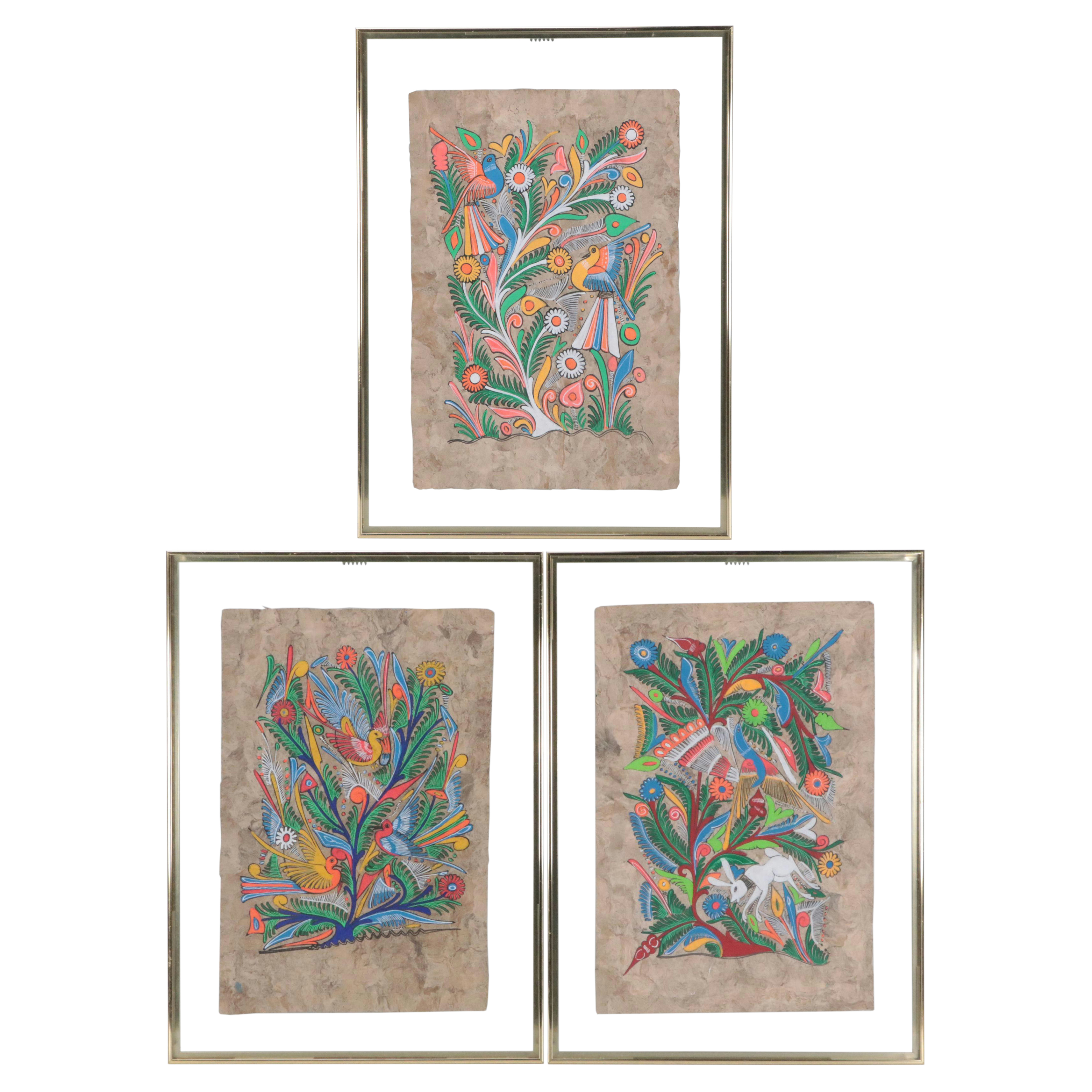 Mexican Folk Art Amate Bark Paintings of Birds and Flowers