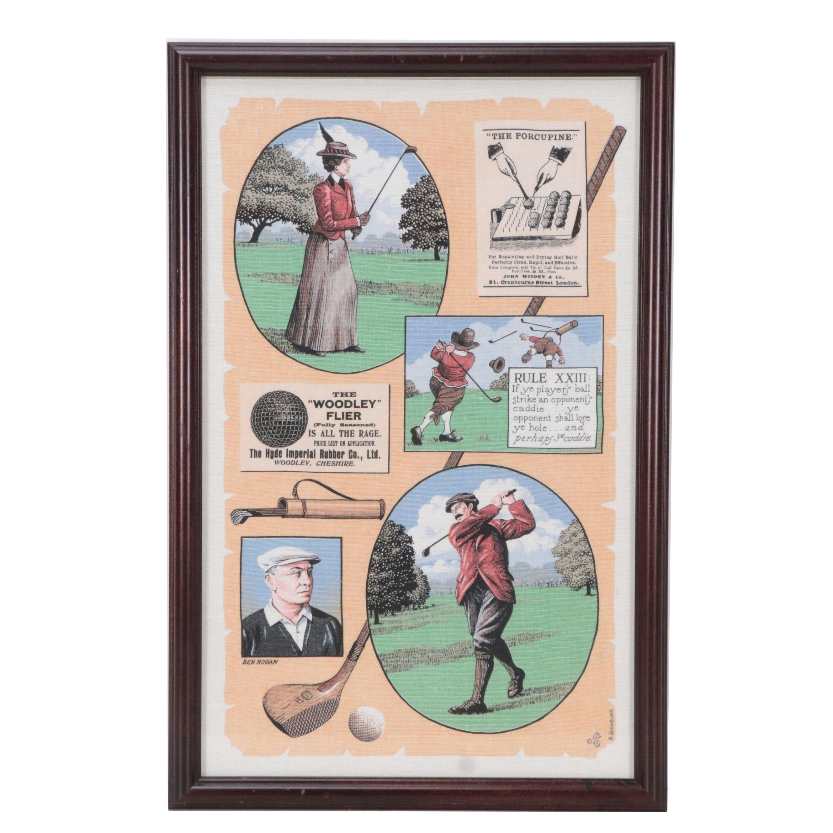 Screenprinted Golf Textile After R. Batchelder, Mid to Late 20th Century
