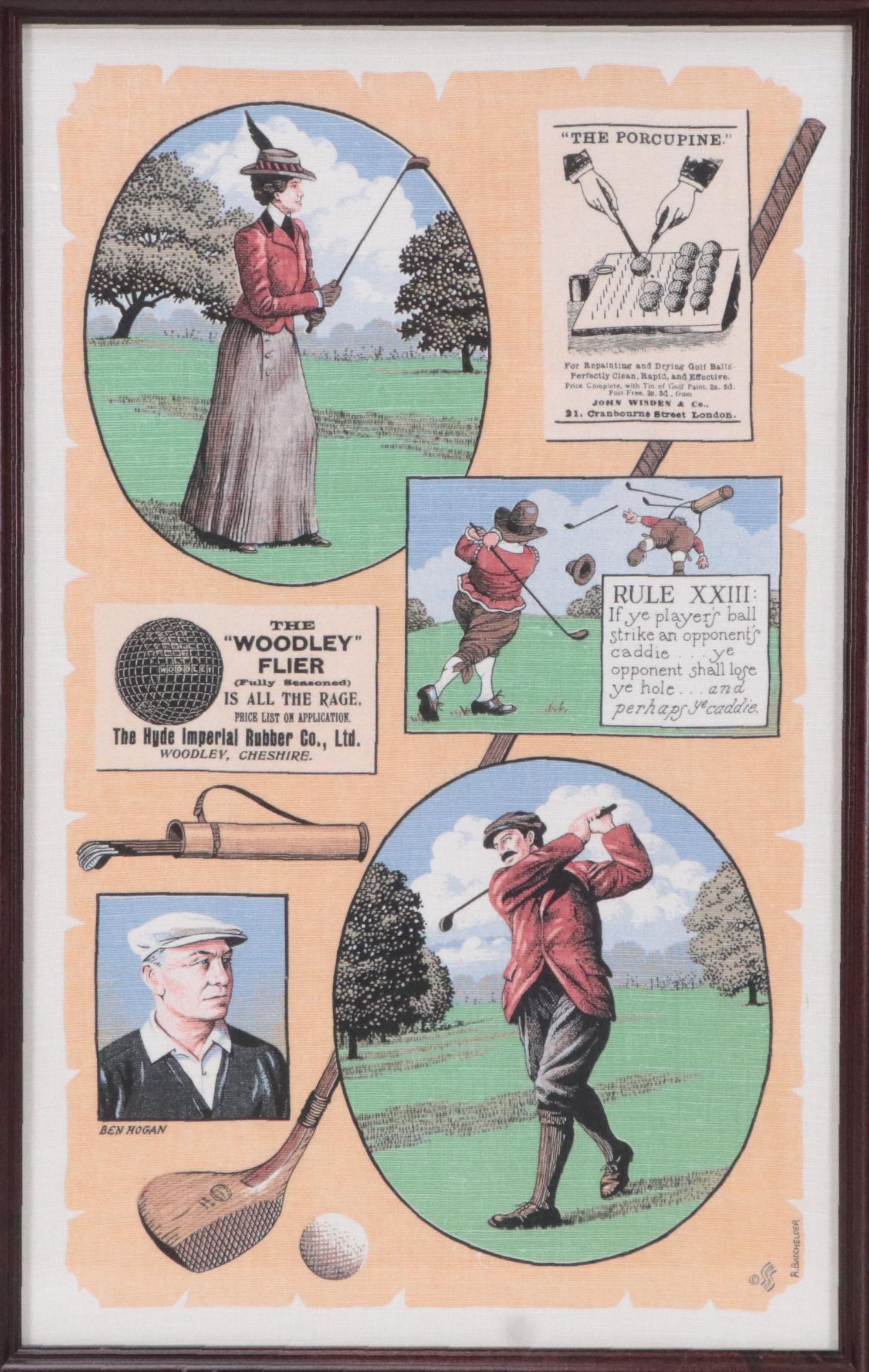 Screenprinted Golf Textile After R. Batchelder, Mid to Late 20th Century