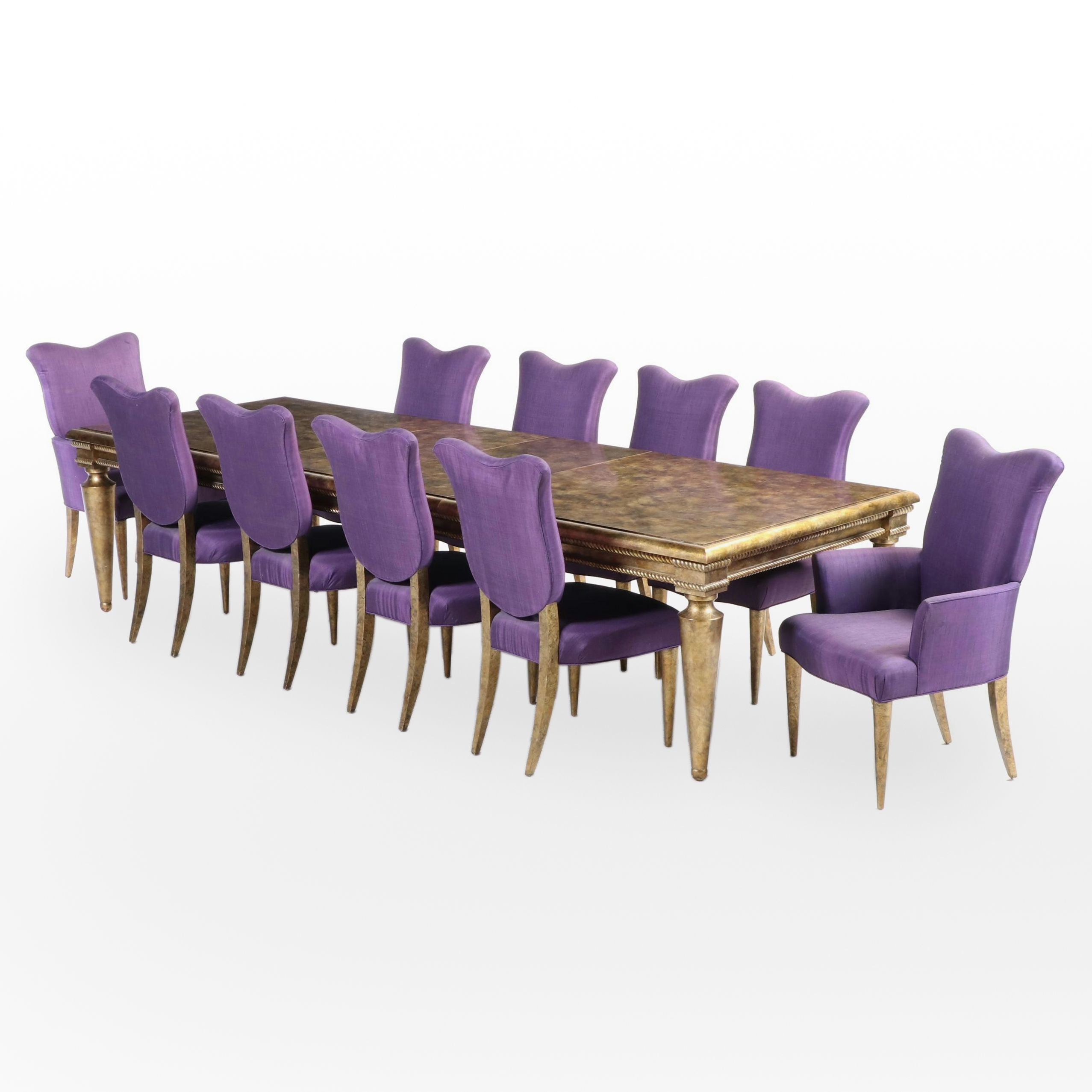 Swaim Furniture Gold Leaf-Decorated Extension Dining Table and Ten Chairs