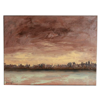 Farshad Lanjani Acrylic Painting of Abstract City Skyline, 21st Century