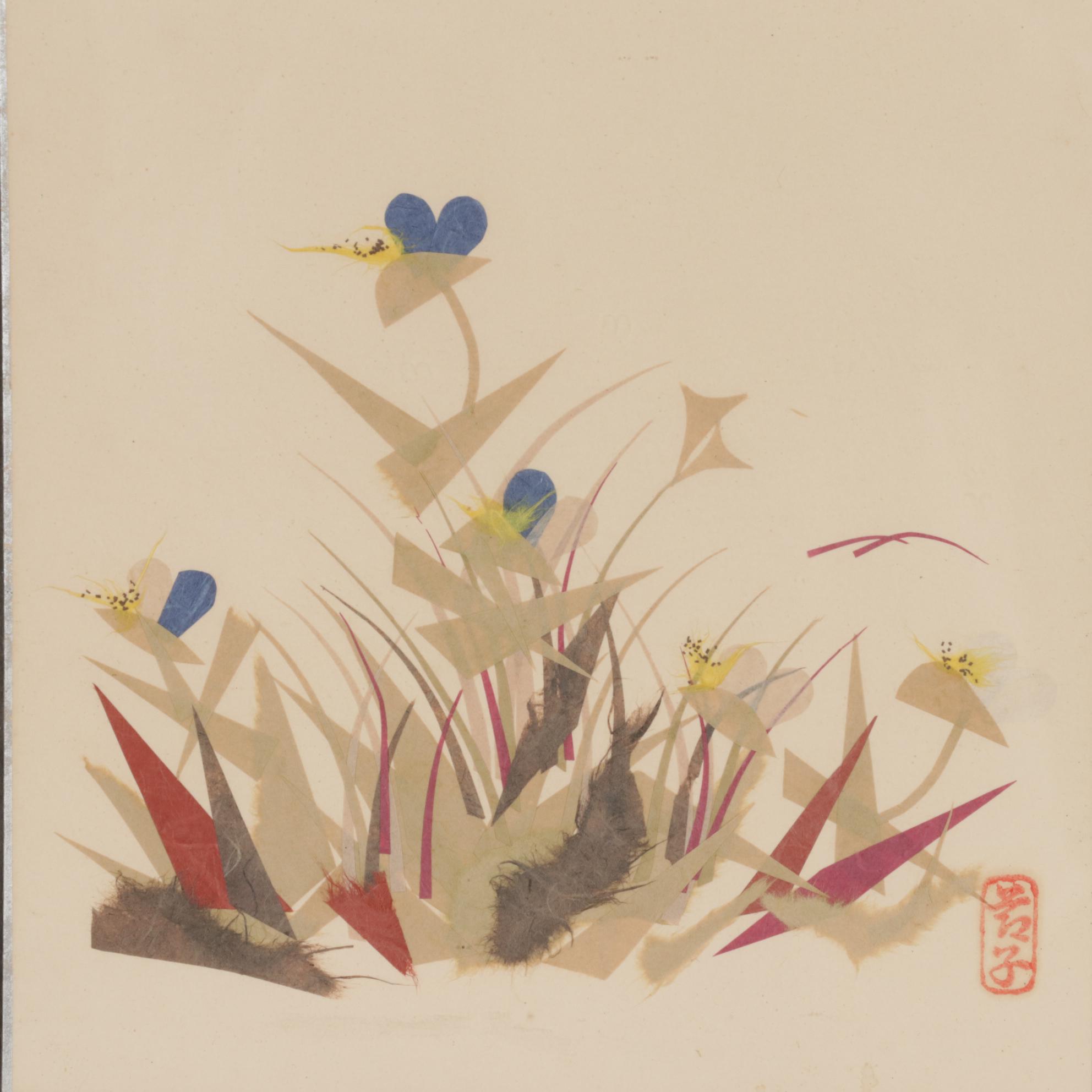 Two Japanese Chigiri-e Collages of Floral Landscapes