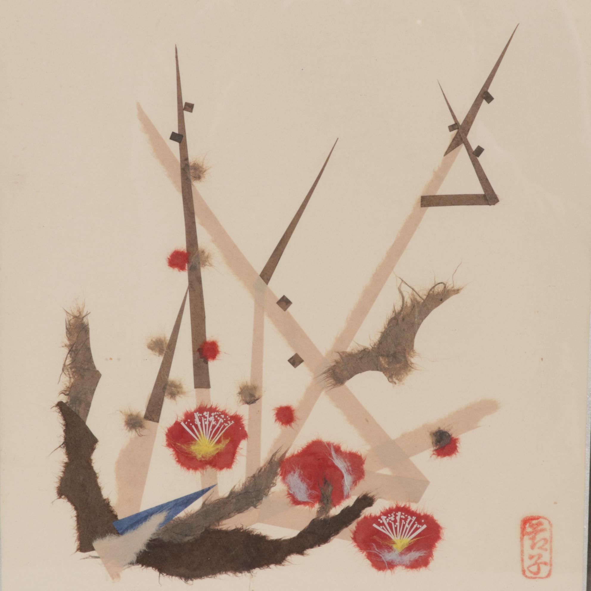 Two Japanese Chigiri-e Collages of Floral Landscapes