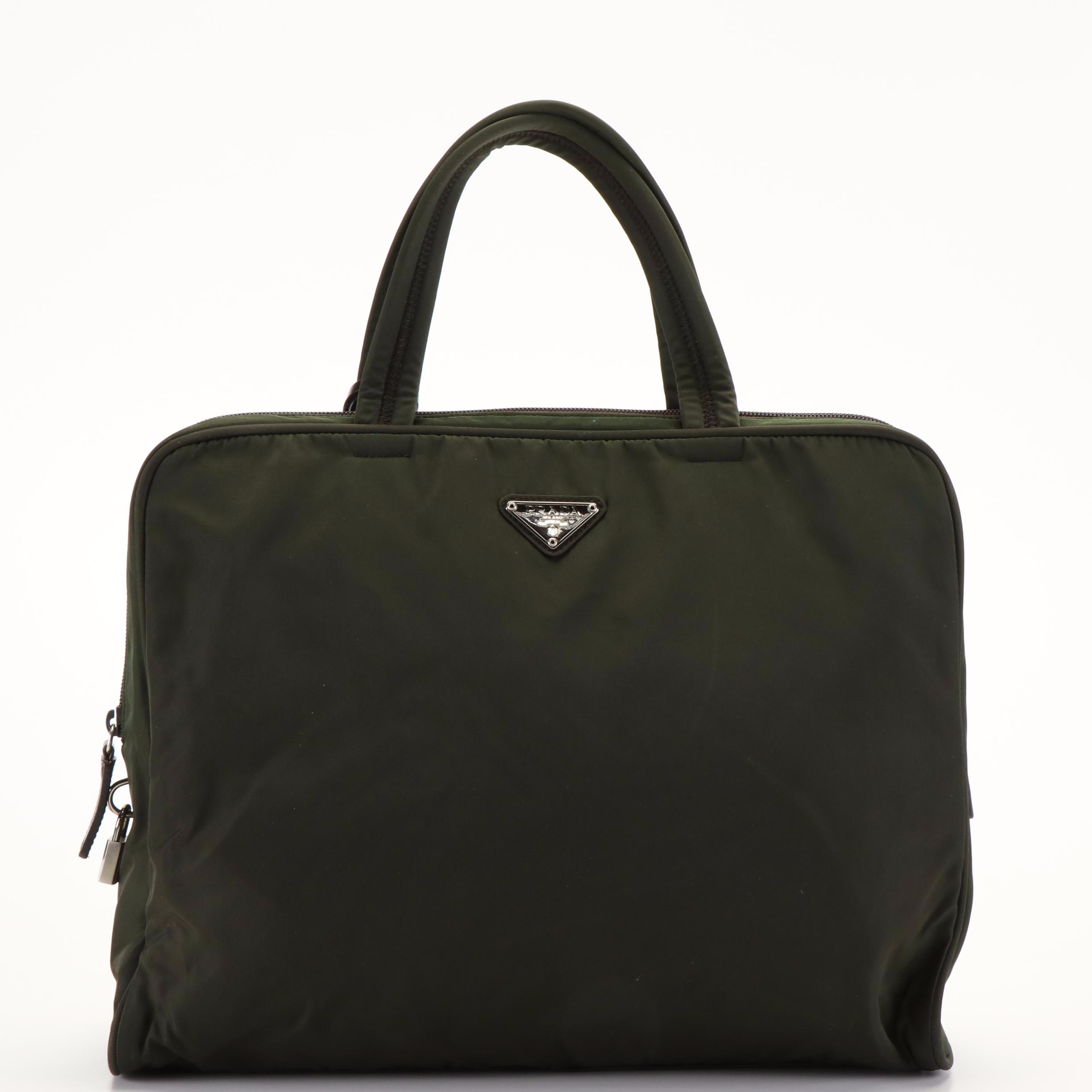 Prada Black Logo Tessuto Green Nylon Document Bag