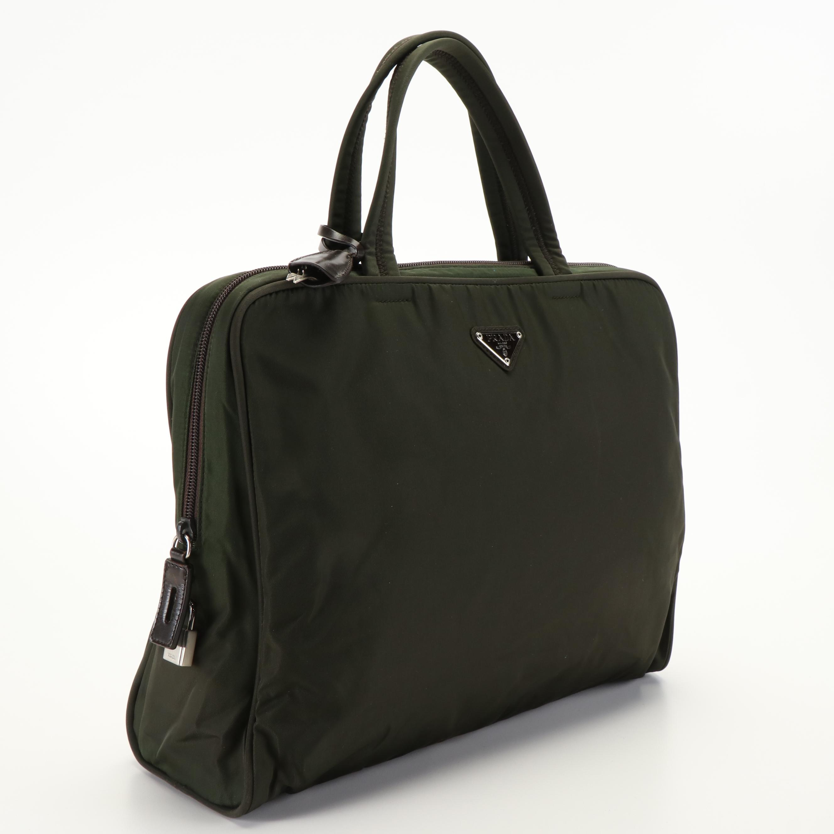 Prada Black Logo Tessuto Green Nylon Document Bag