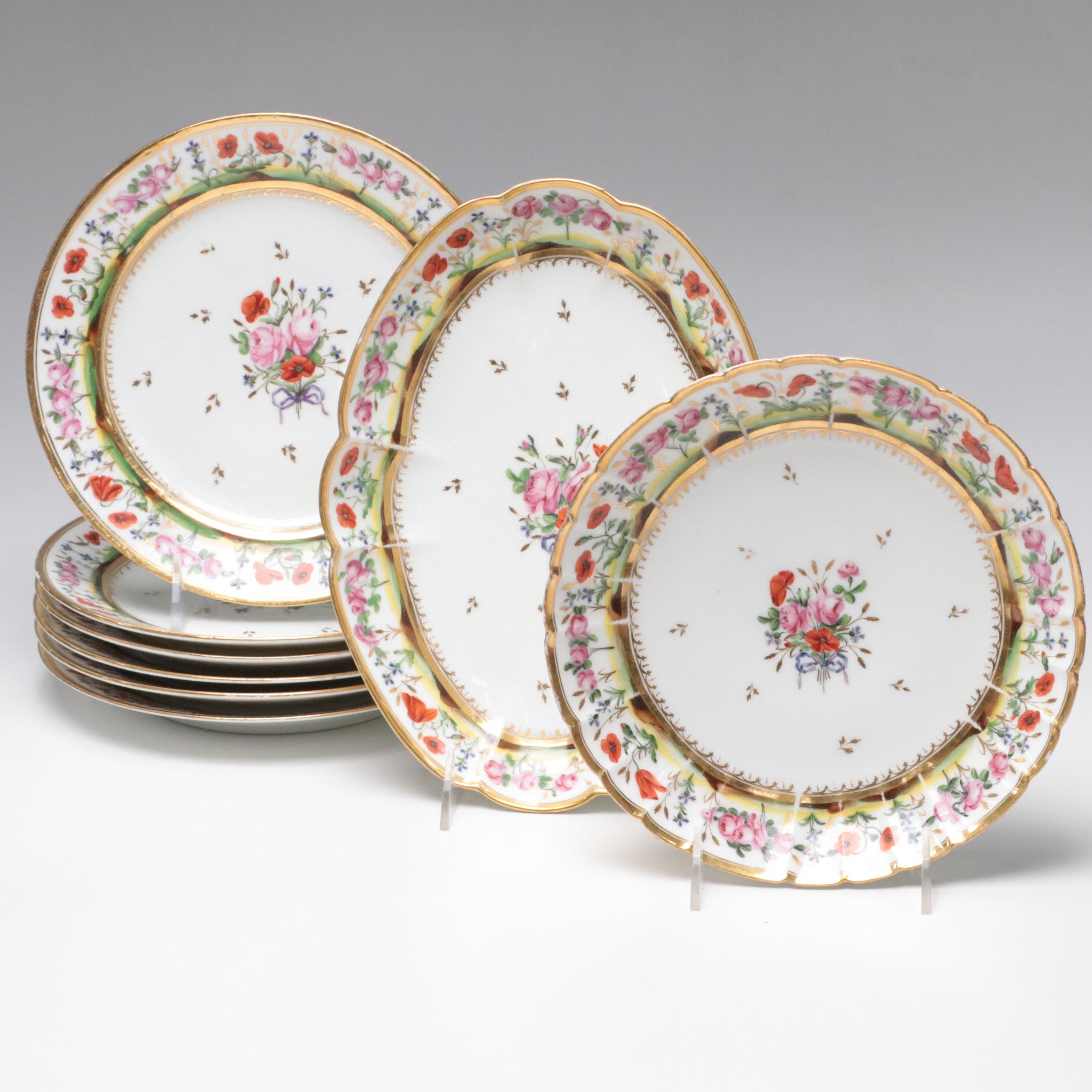 Hand-Painted Floral Porcelain Luncheon Plates and Serving Dishes
