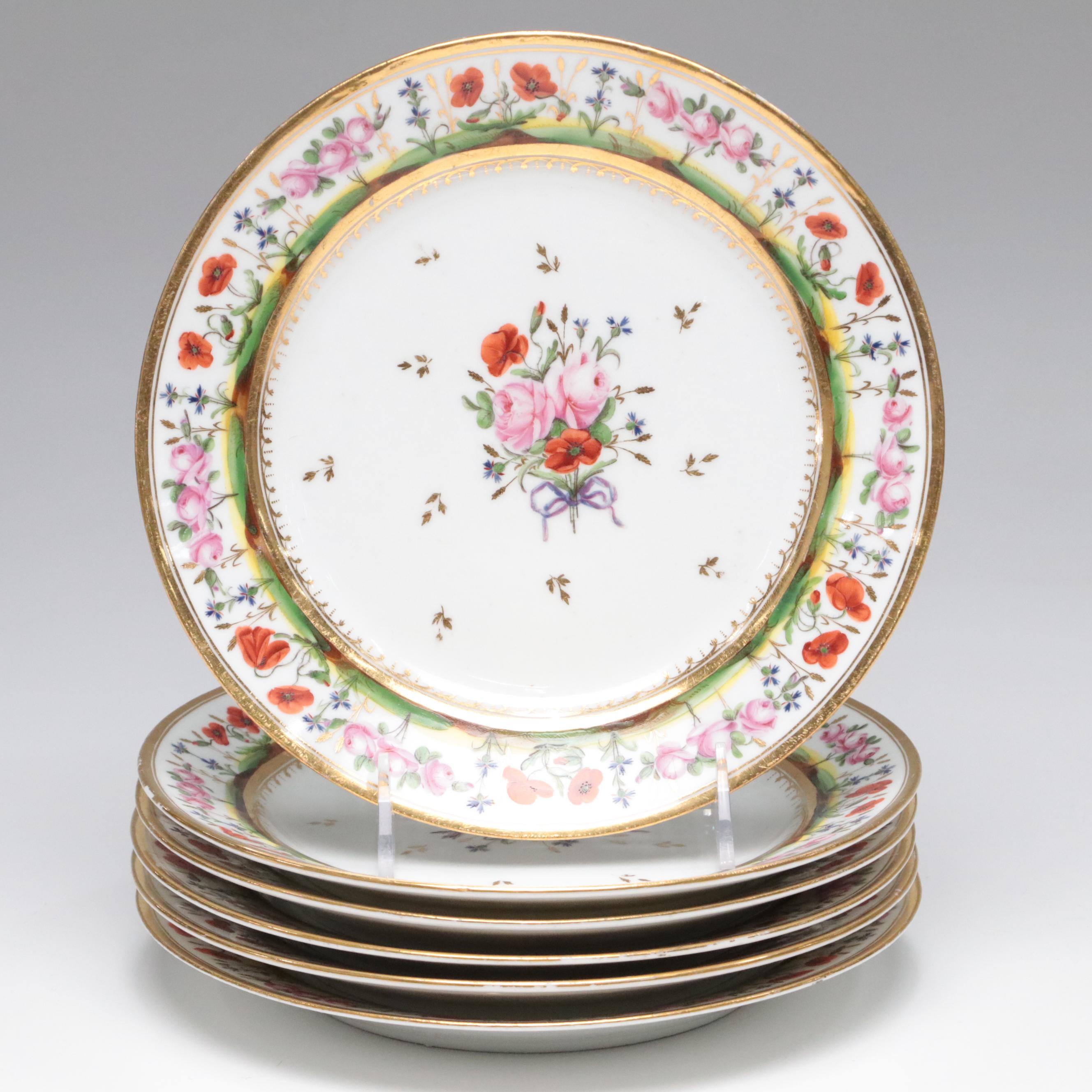 Hand-Painted Floral Porcelain Luncheon Plates and Serving Dishes