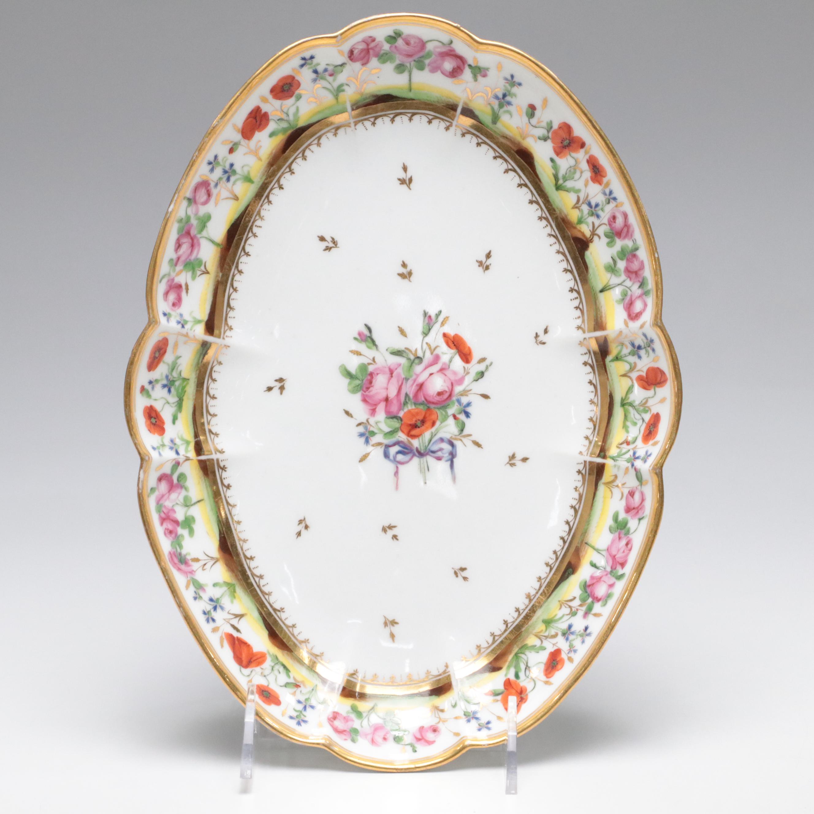Hand-Painted Floral Porcelain Luncheon Plates and Serving Dishes