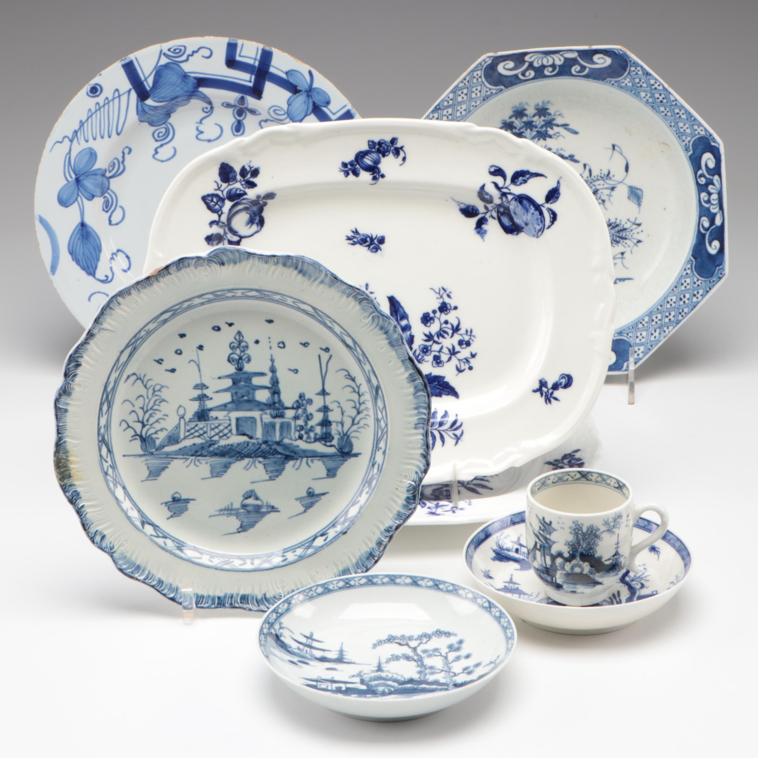 Bow Soft Paste Porcelain Octagonal Plate with Caughley and Other Tableware