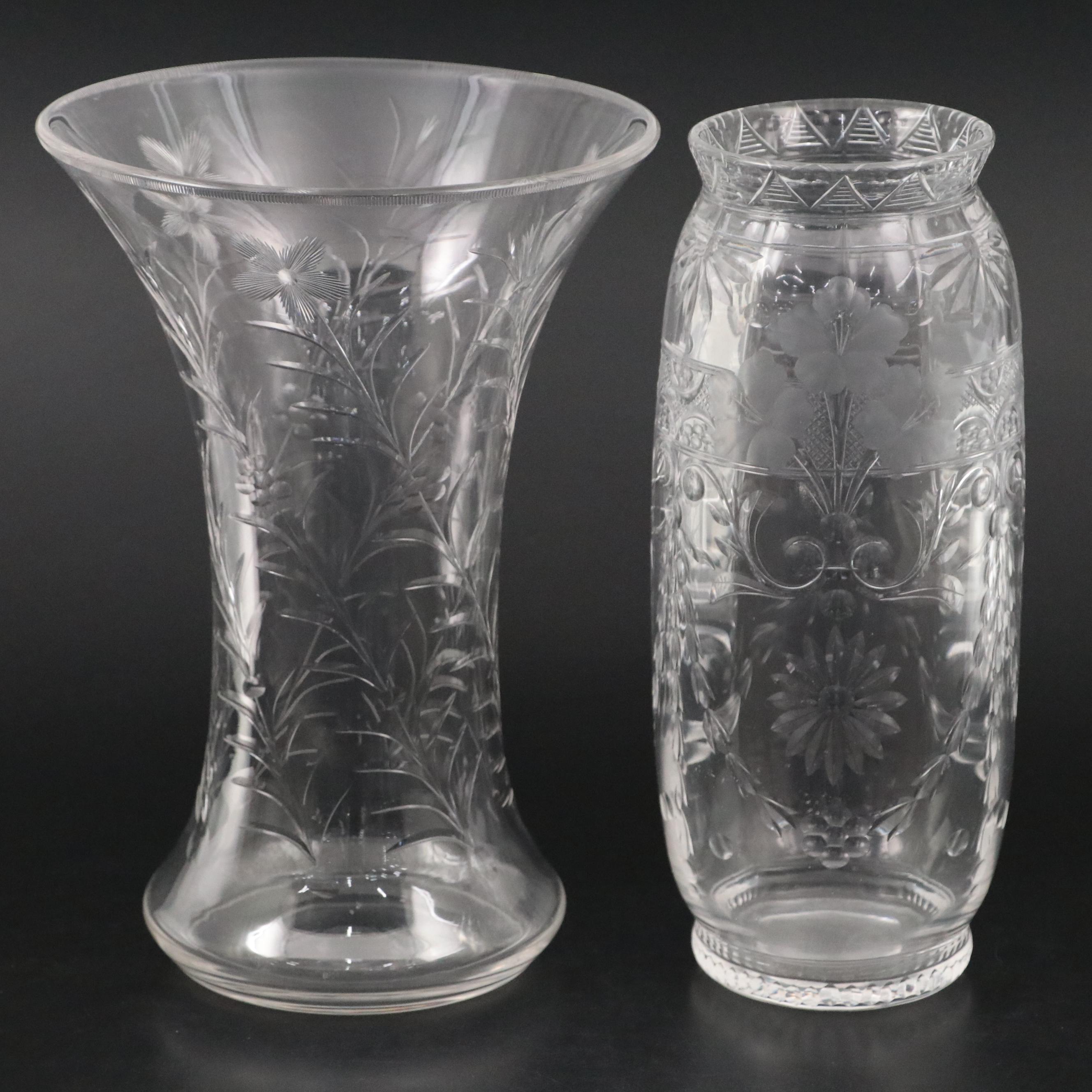 European Floral Pattern Engraved Glass Vases