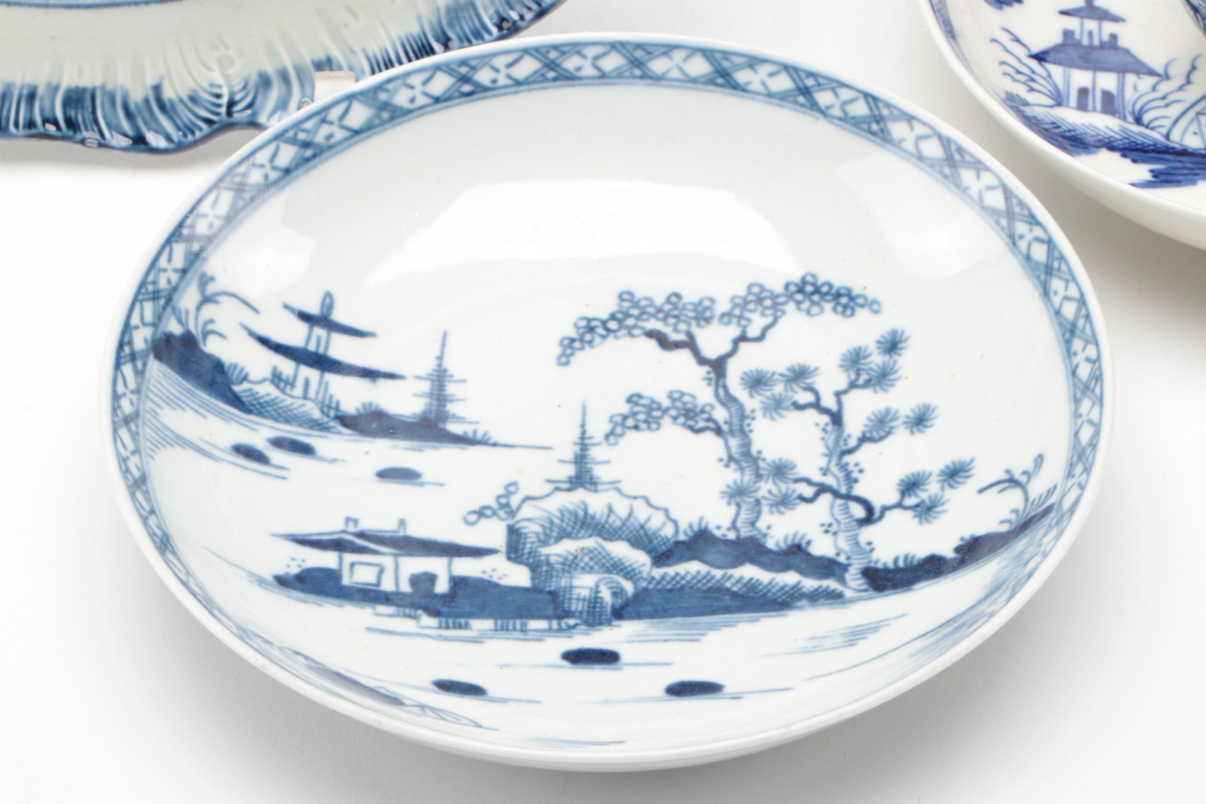 Bow Soft Paste Porcelain Octagonal Plate with Caughley and Other Tableware