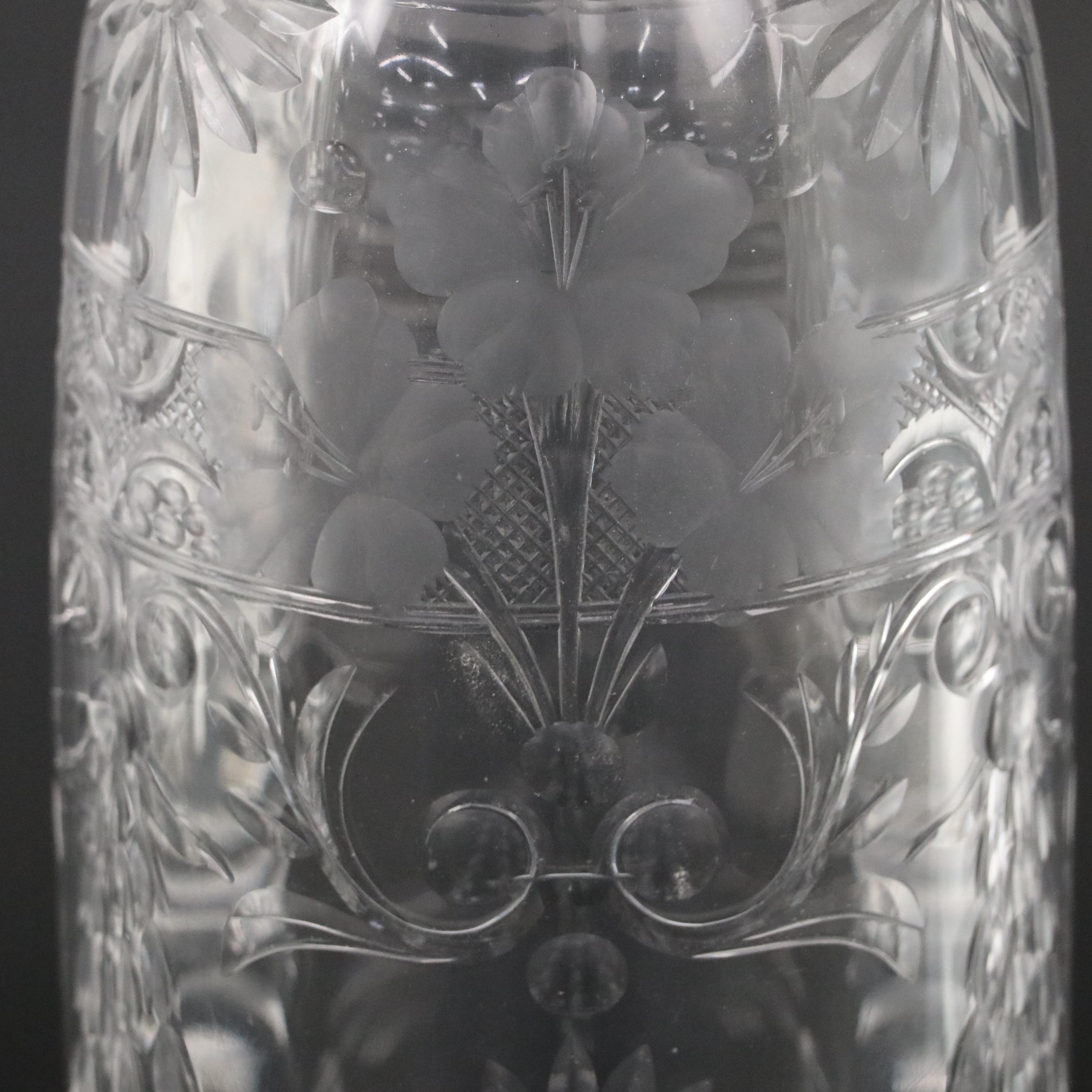 European Floral Pattern Engraved Glass Vases
