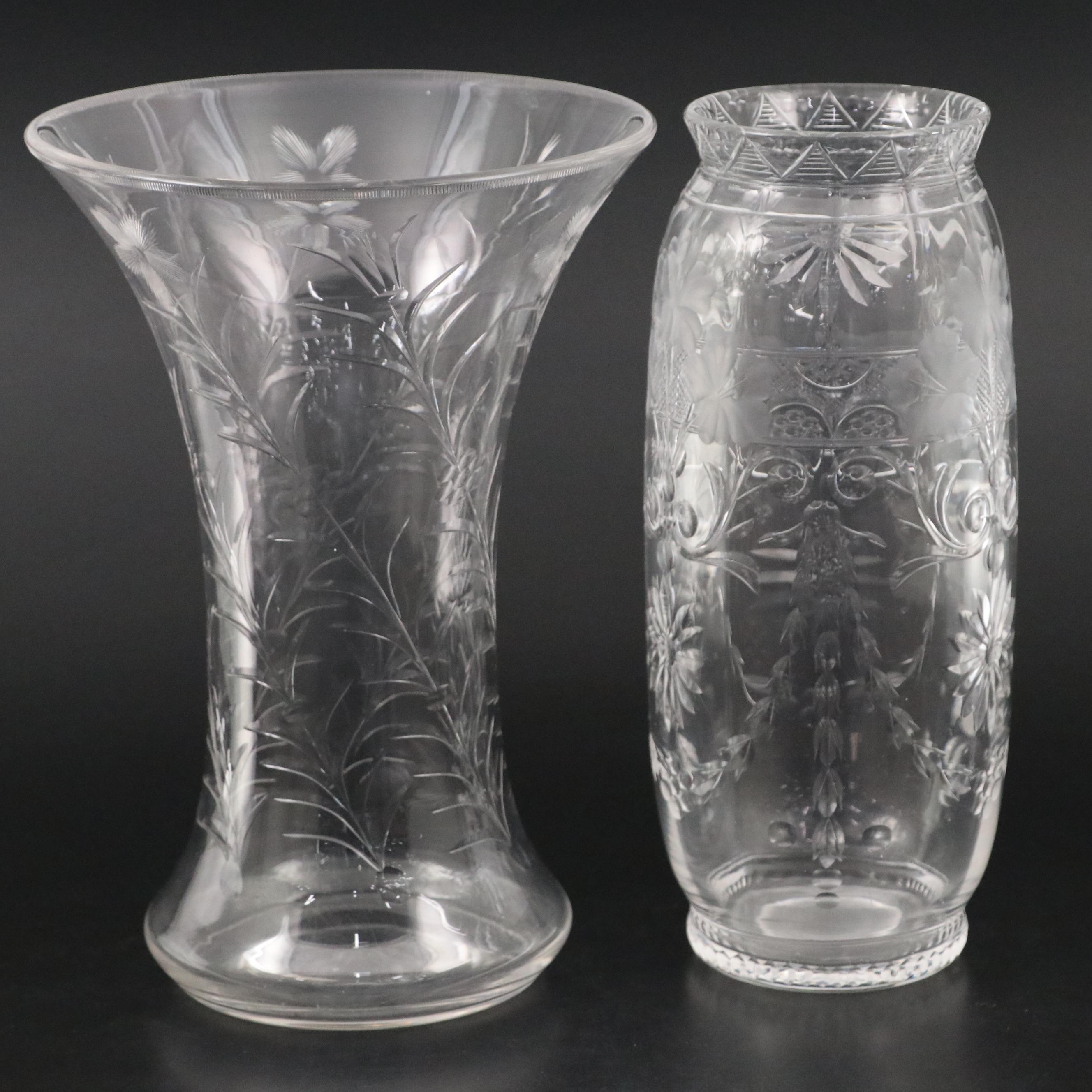 European Floral Pattern Engraved Glass Vases