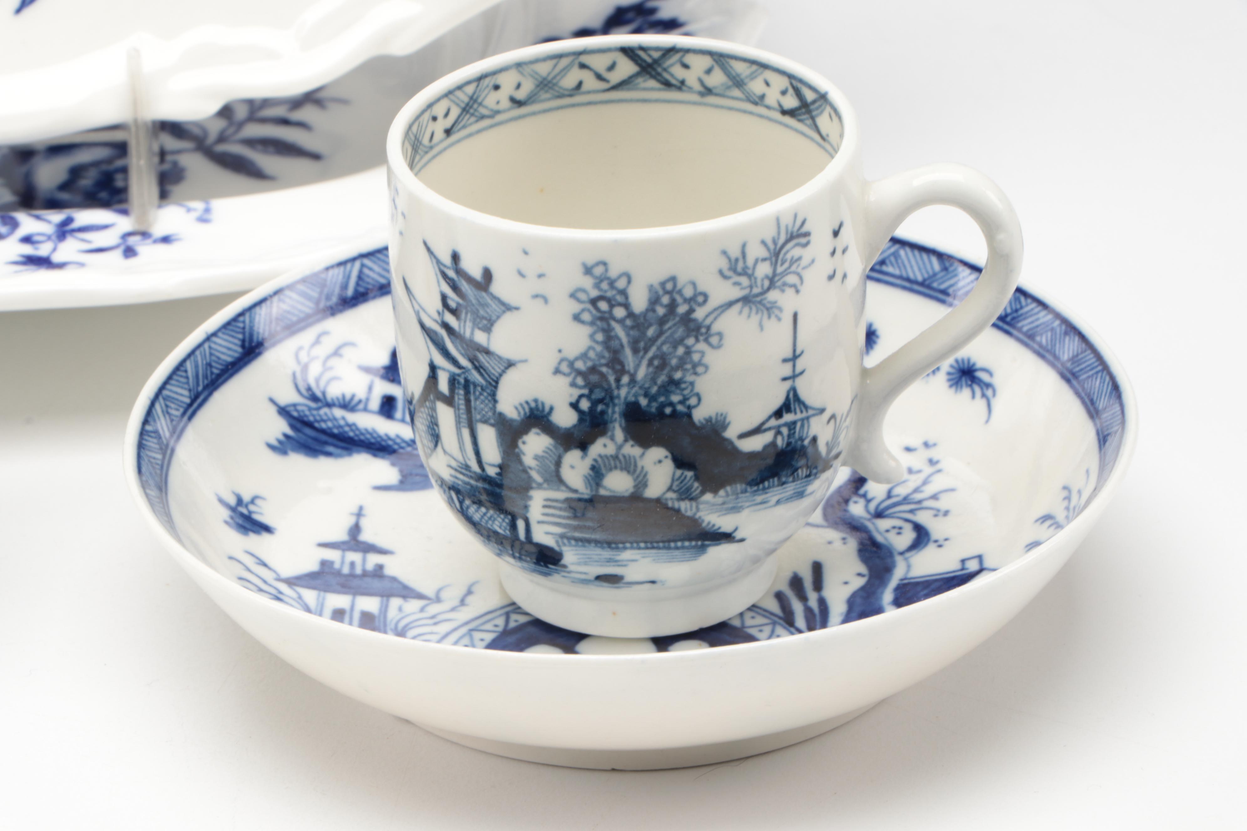 Bow Soft Paste Porcelain Octagonal Plate with Caughley and Other Tableware