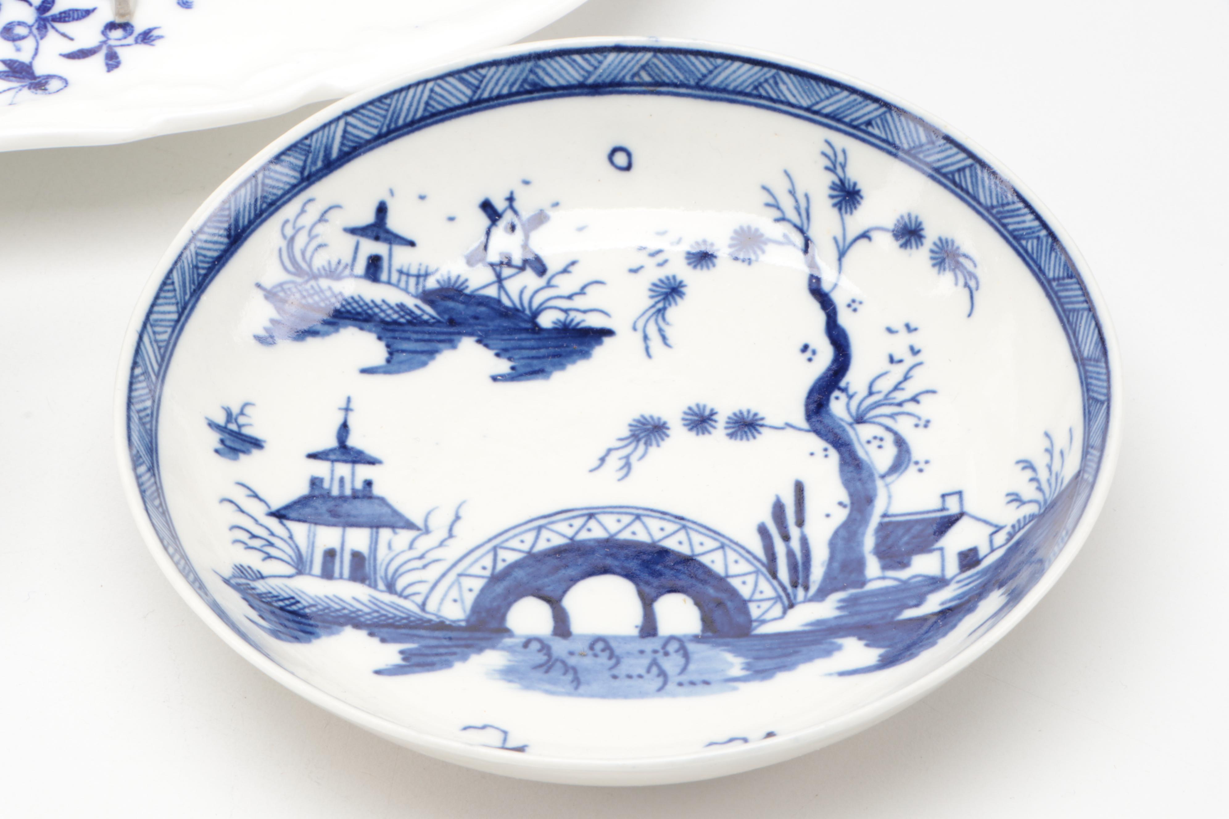 Bow Soft Paste Porcelain Octagonal Plate with Caughley and Other Tableware