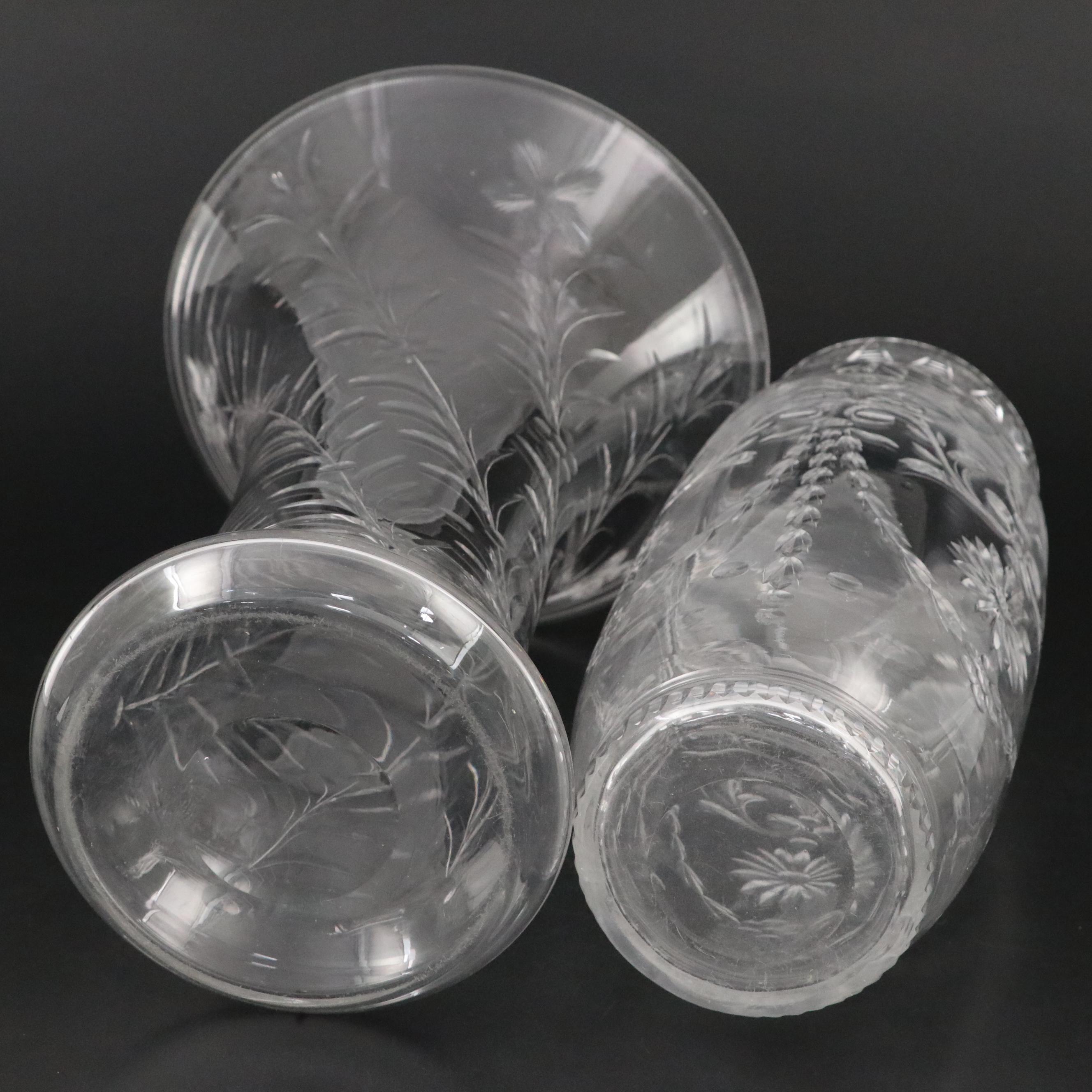 European Floral Pattern Engraved Glass Vases