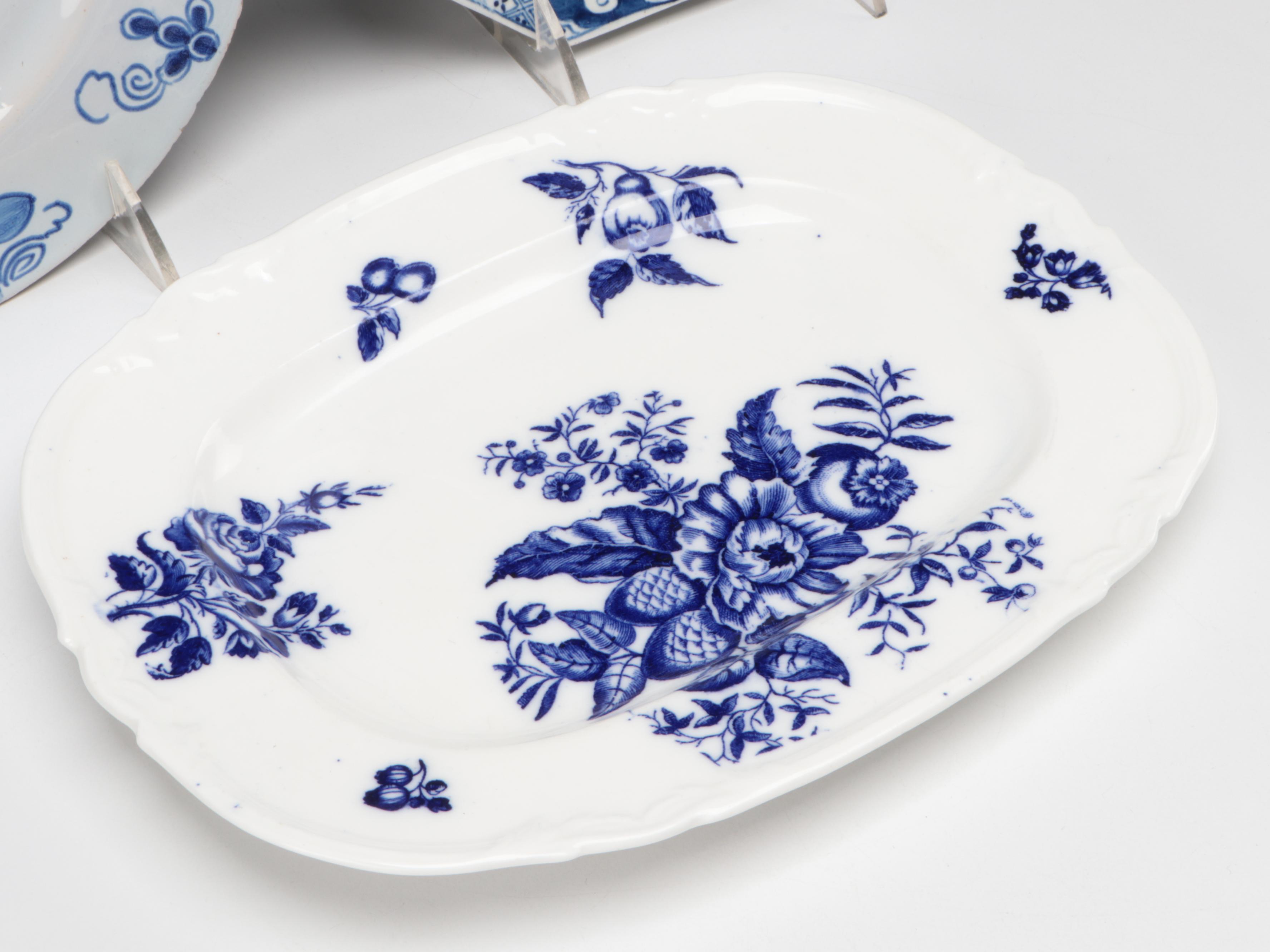 Bow Soft Paste Porcelain Octagonal Plate with Caughley and Other Tableware