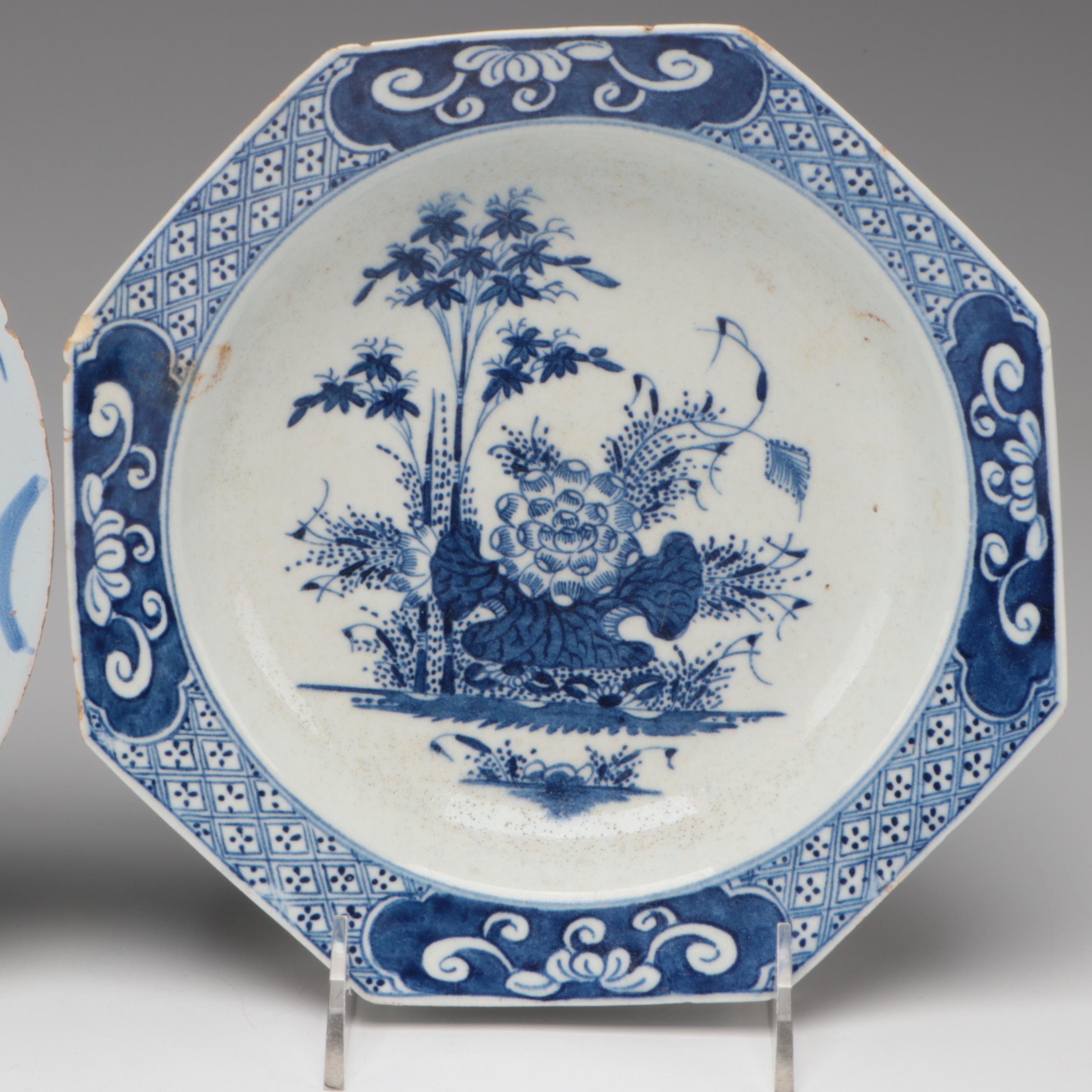 Bow Soft Paste Porcelain Octagonal Plate with Caughley and Other Tableware