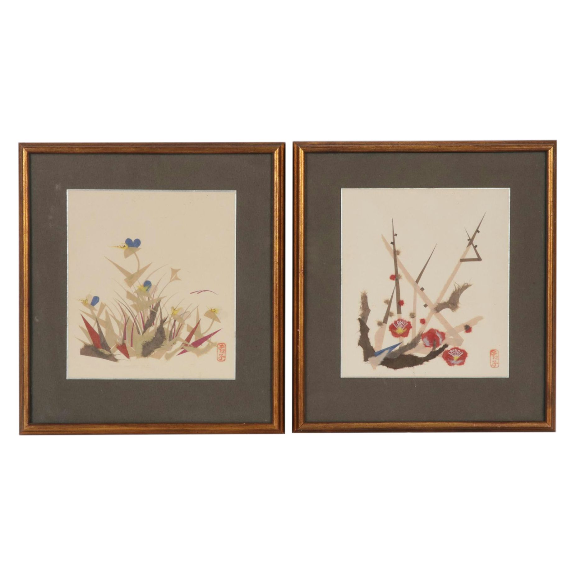 Two Japanese Chigiri-e Collages of Floral Landscapes