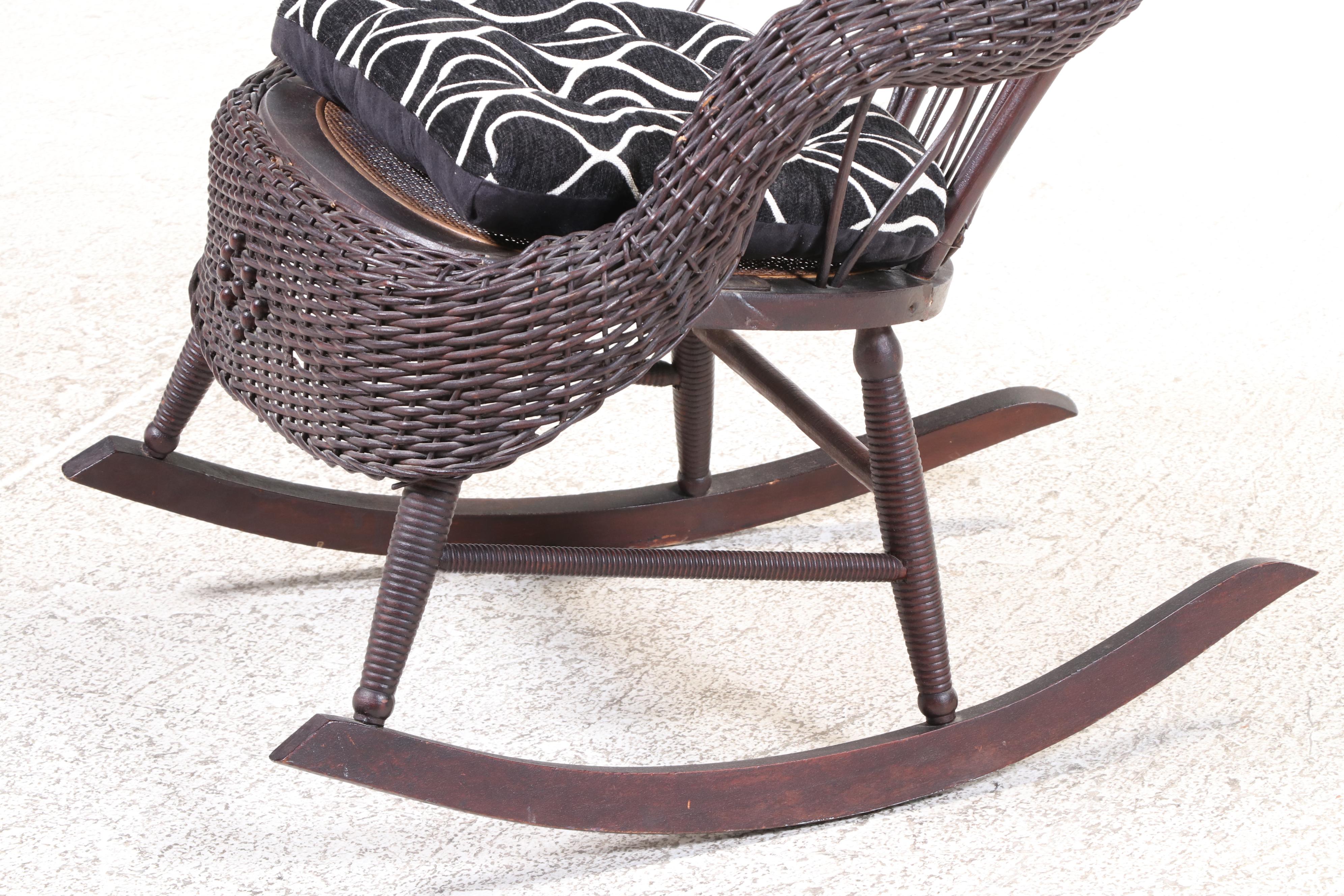 Late Victorian Wicker, Hardwood, and Caned Rocker, Late 19th/Early 20th Century