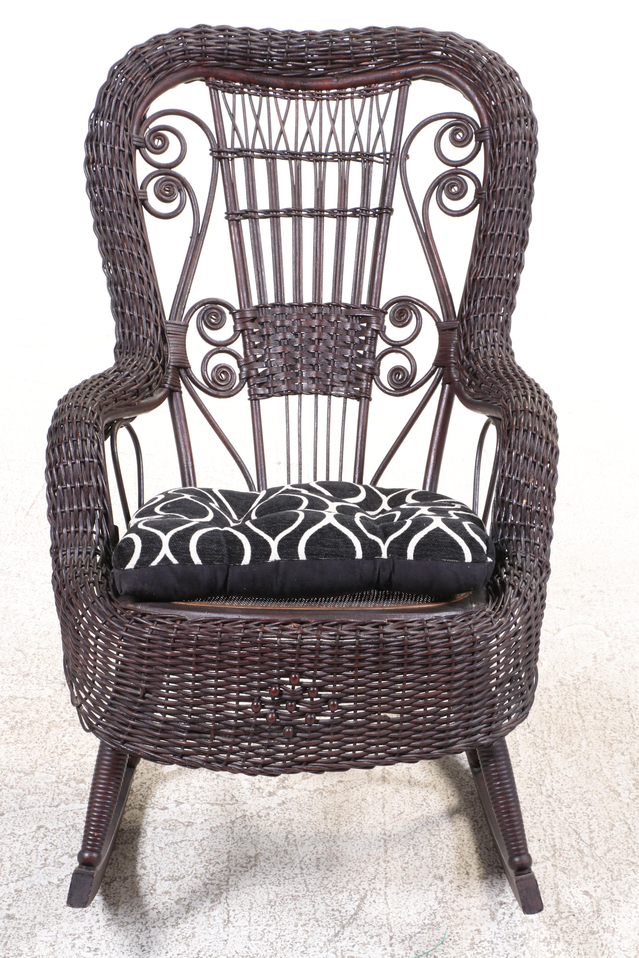 Late Victorian Wicker, Hardwood, and Caned Rocker, Late 19th/Early 20th Century
