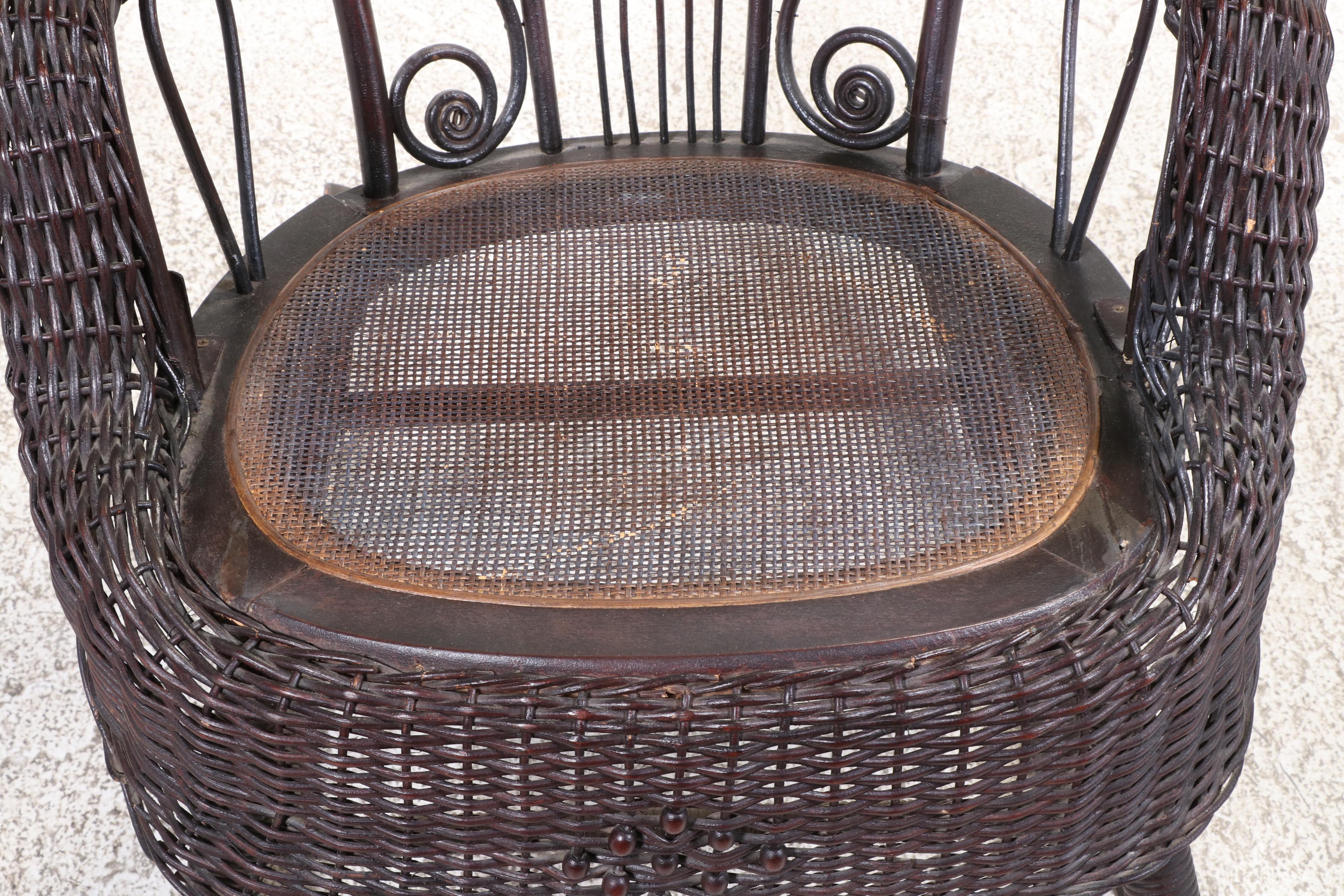 Late Victorian Wicker, Hardwood, and Caned Rocker, Late 19th/Early 20th Century