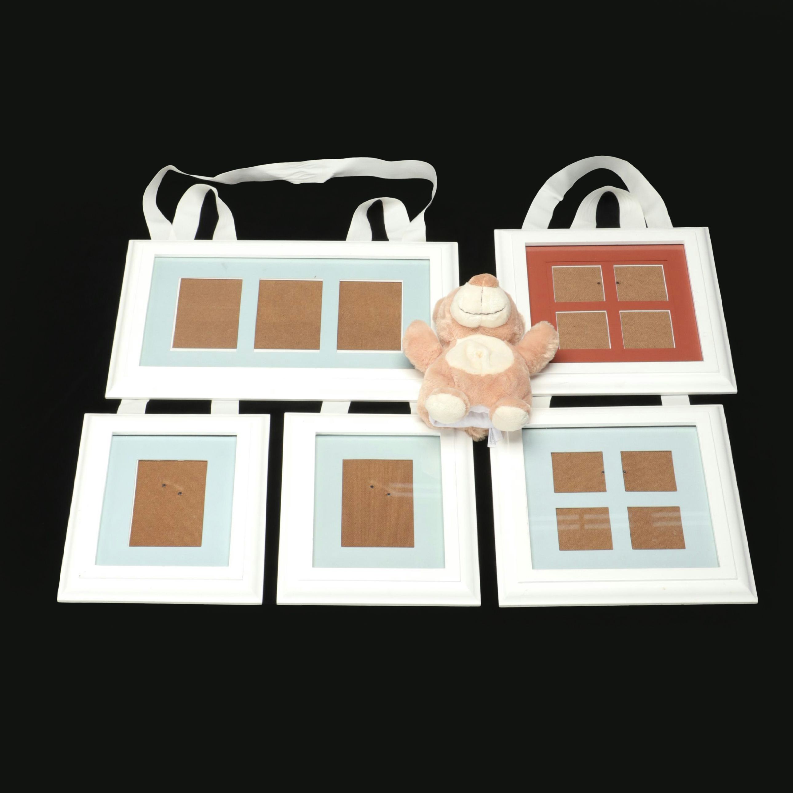 Pottery Barn Ribbon Hanger Collage Picture Frames with Bear Puppet