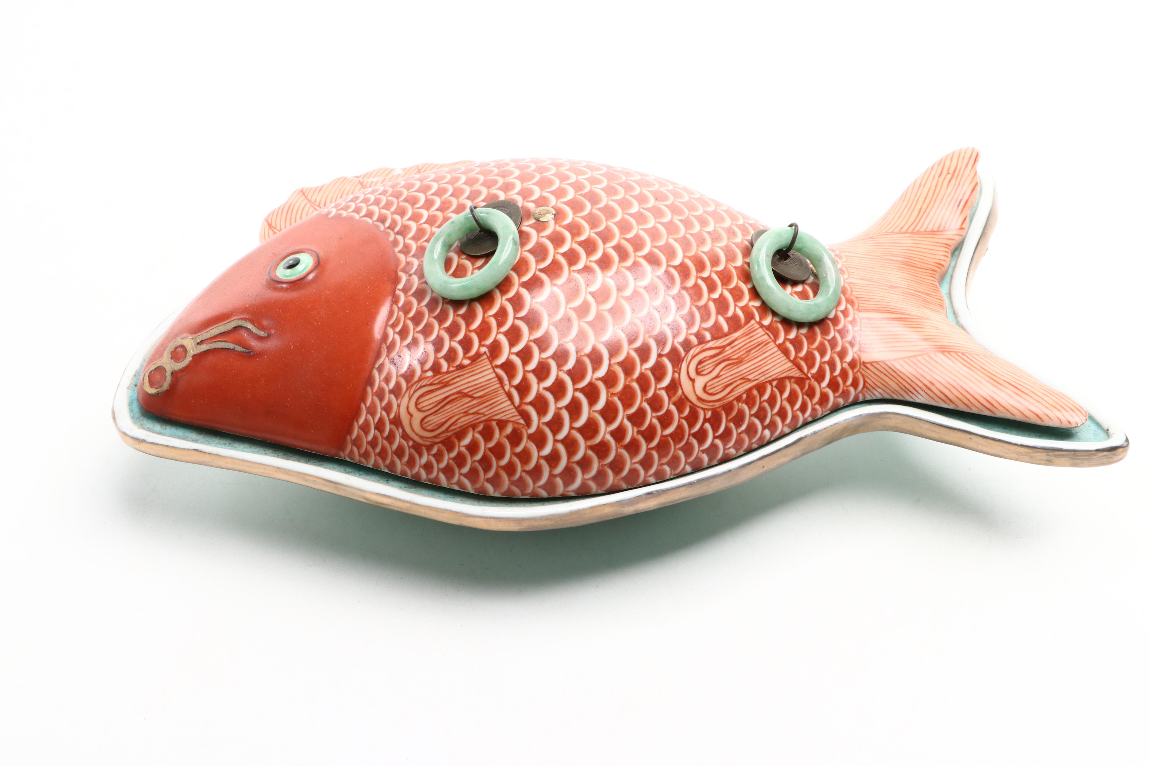 Chinese Porcelain Fish Shaped Covered Dish with Jadeite Ring Handles and Bowl
