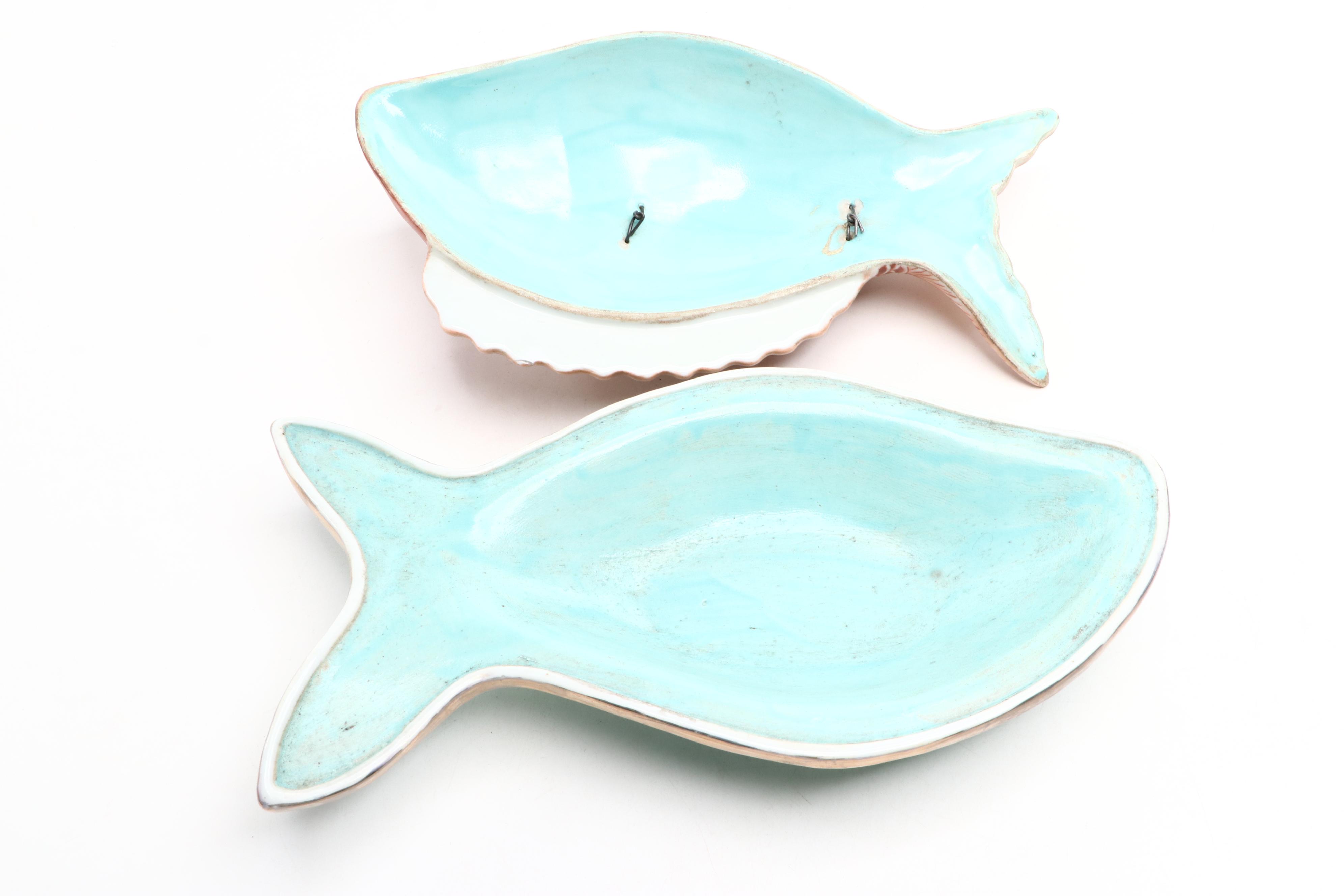 Chinese Porcelain Fish Shaped Covered Dish with Jadeite Ring Handles and Bowl