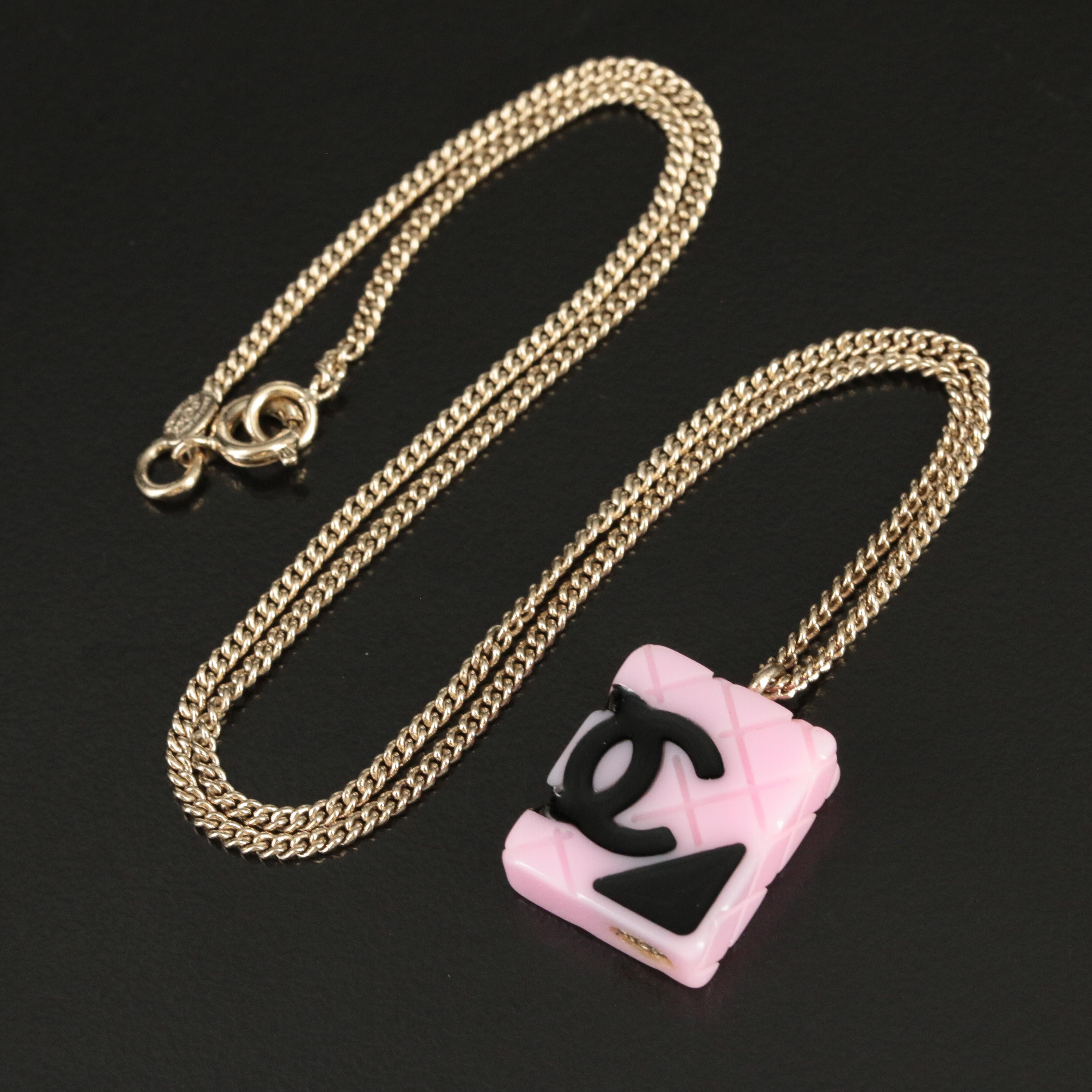 Chanel CC Logo Pink Quilted Tile Charm Necklace 2005