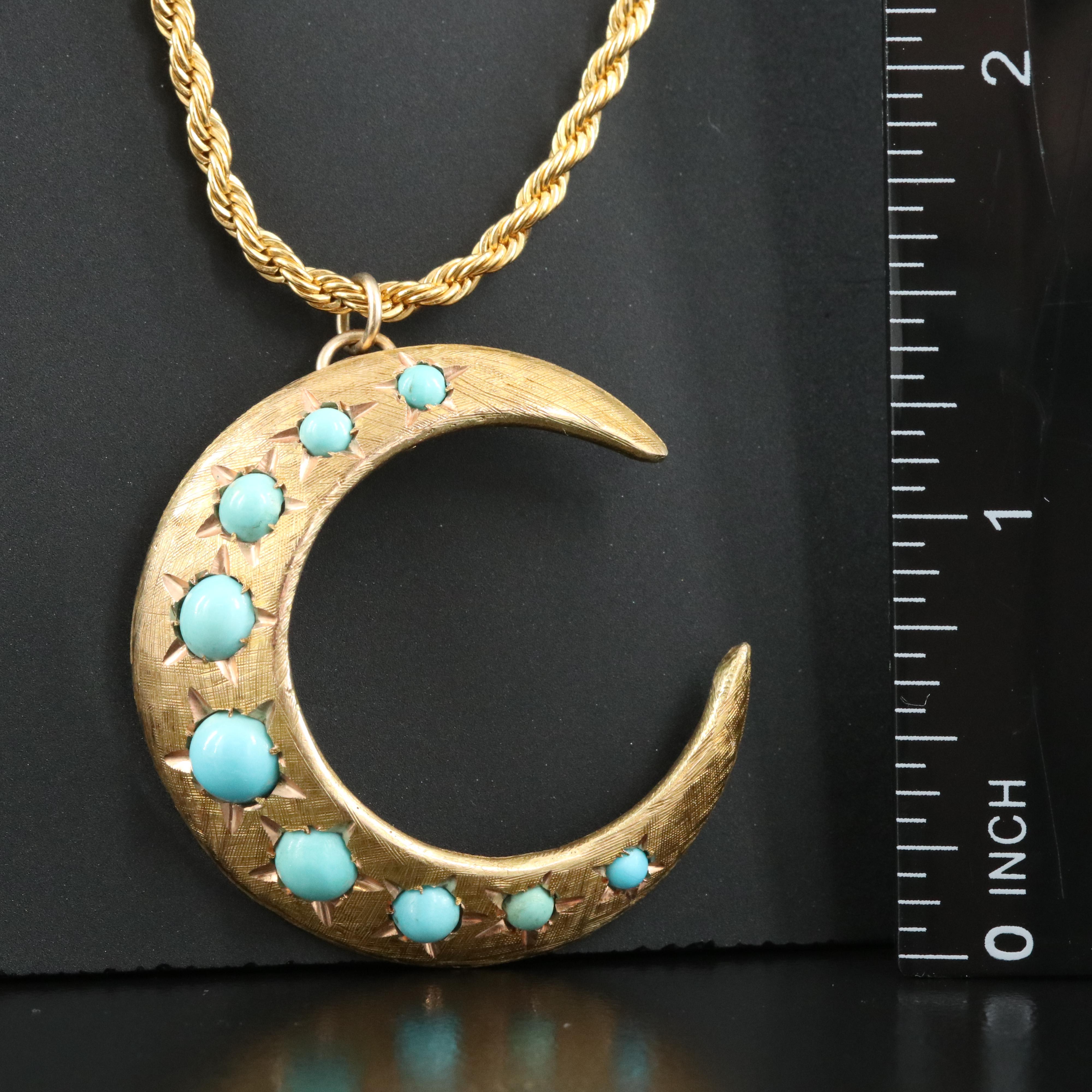 Victorian 14K Turquoise Crescent Moon Pendant with Trifari Braided Chain