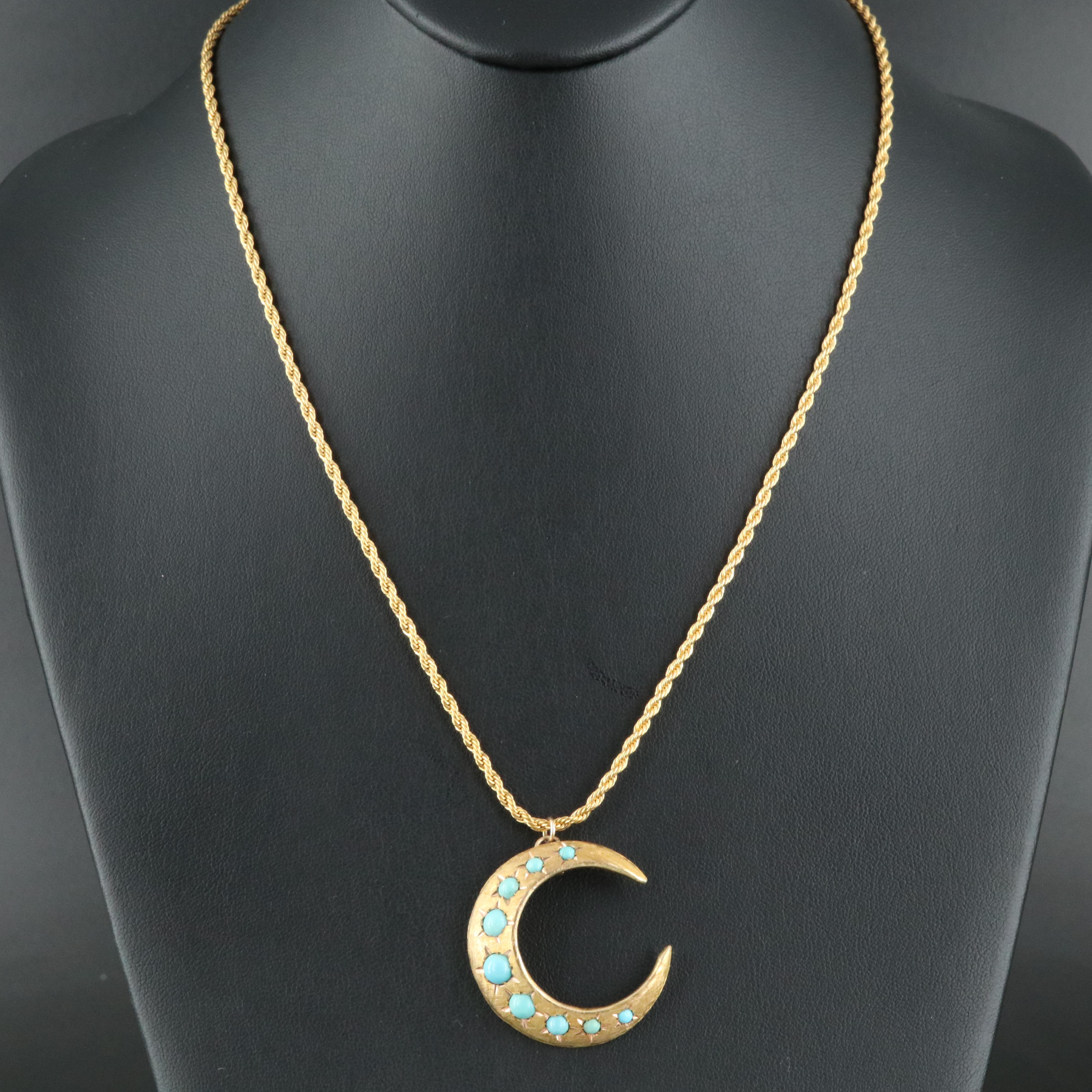 Victorian 14K Turquoise Crescent Moon Pendant with Trifari Braided Chain