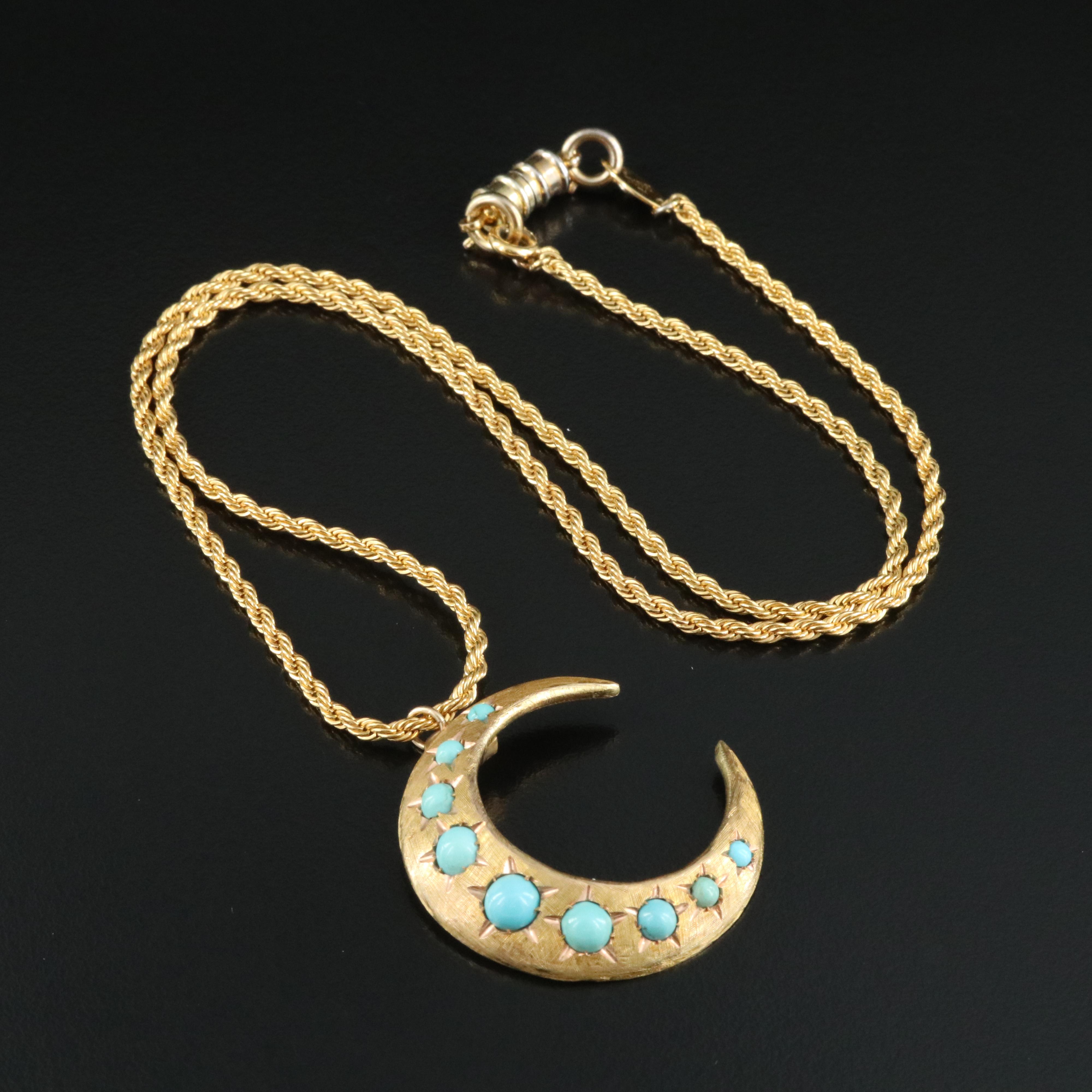 Victorian 14K Turquoise Crescent Moon Pendant with Trifari Braided Chain