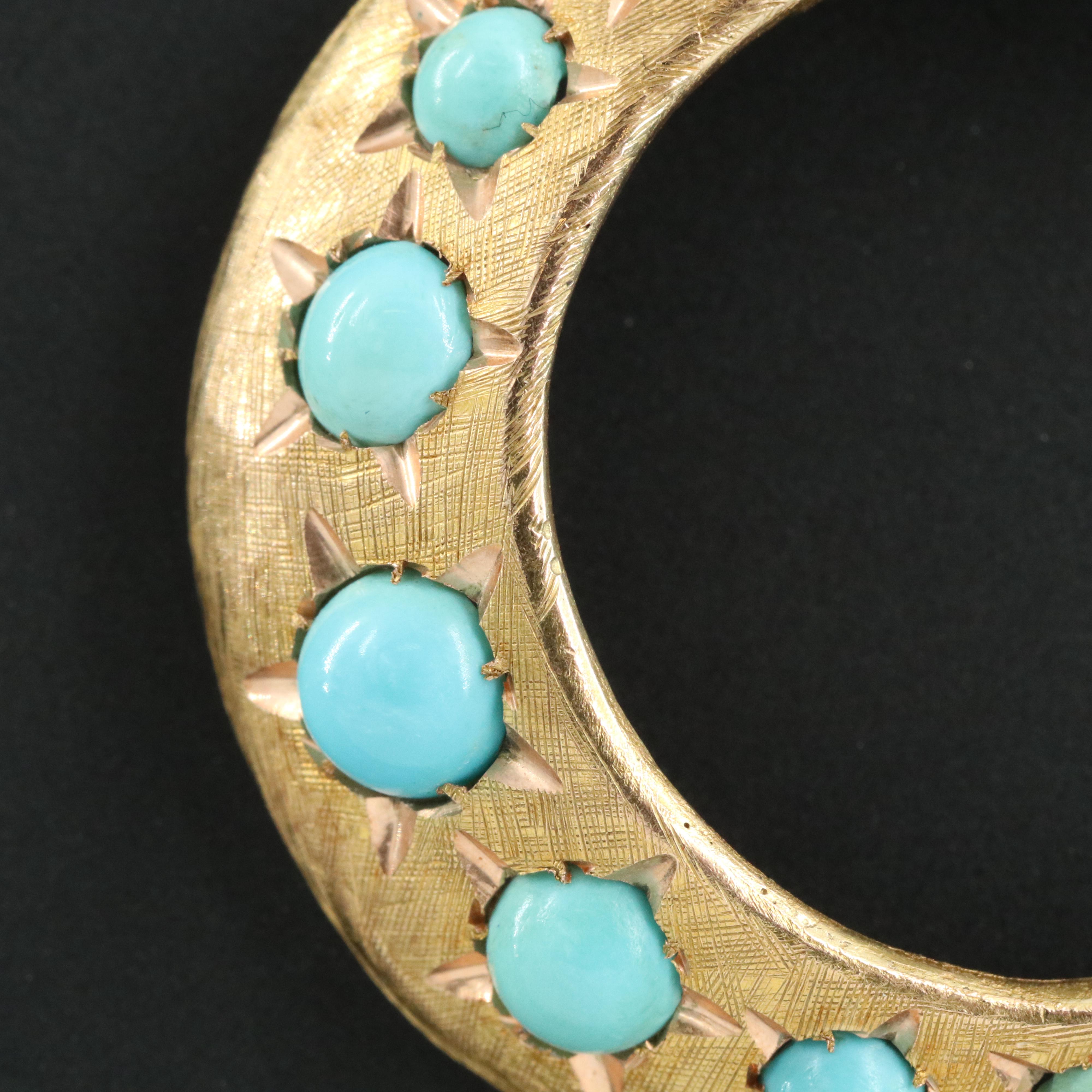 Victorian 14K Turquoise Crescent Moon Pendant with Trifari Braided Chain