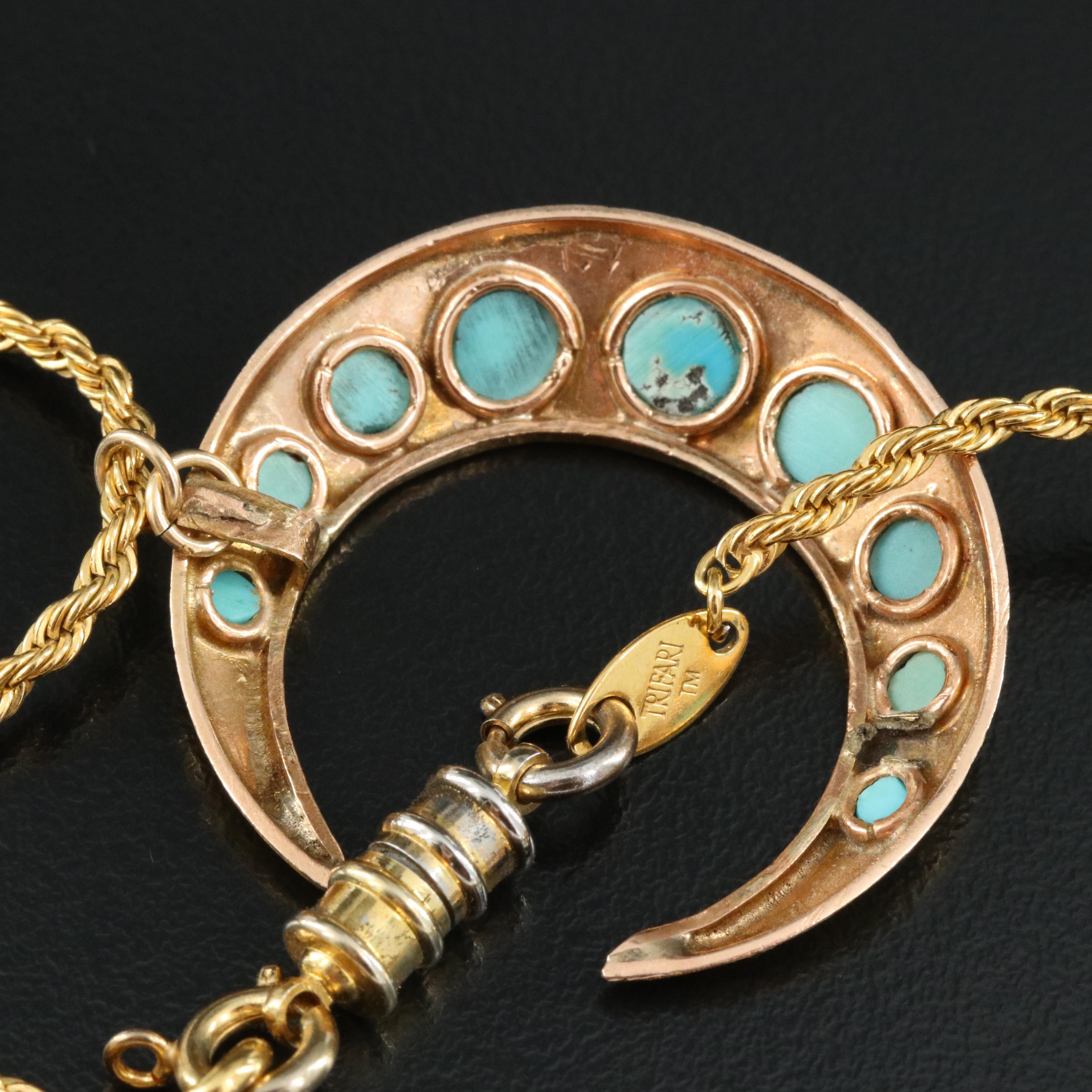 Victorian 14K Turquoise Crescent Moon Pendant with Trifari Braided Chain