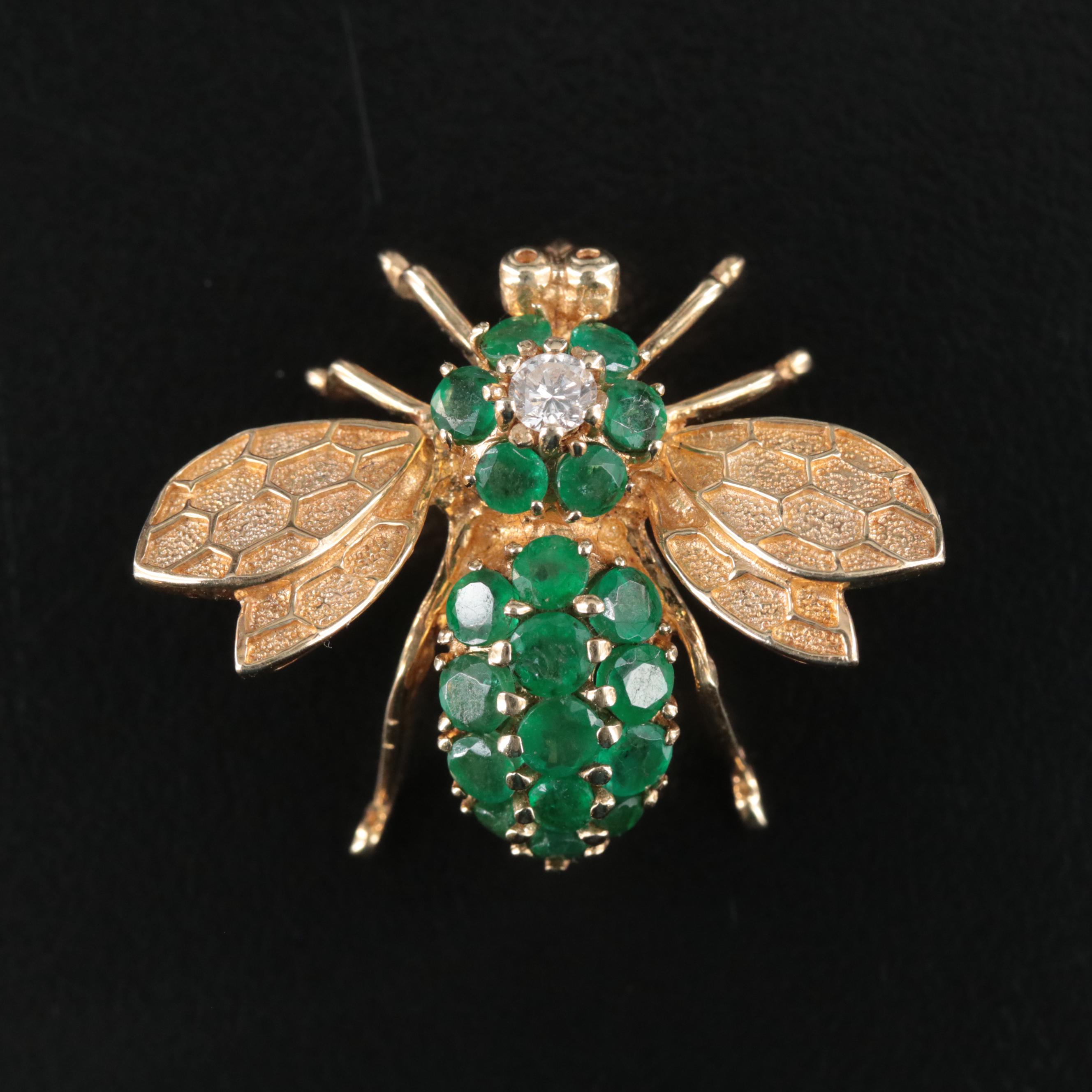 14K Diamond and Emerald Insect Brooch