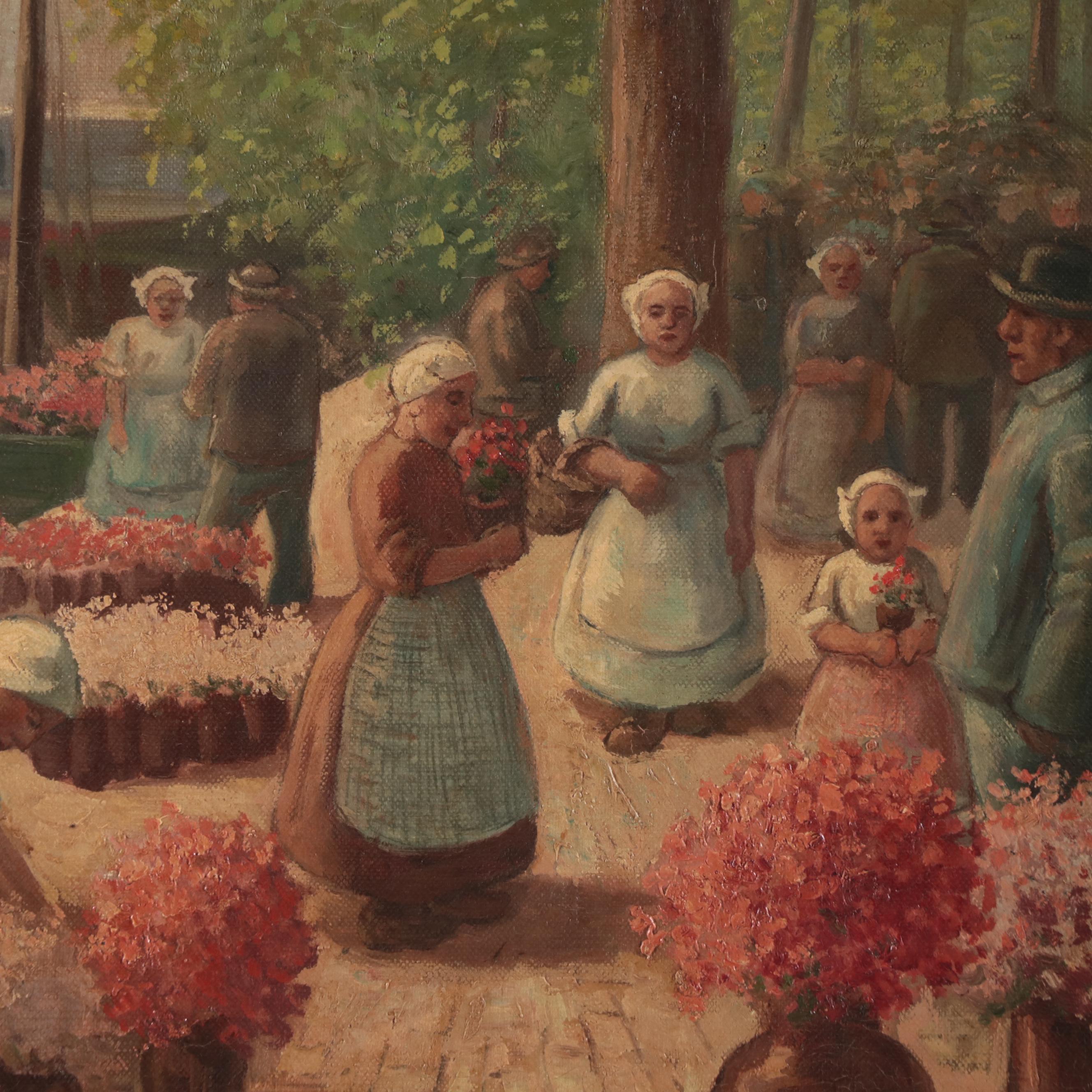 A. Klühspies Amsterdam Flower Market Oil Painting, Early 20th Century