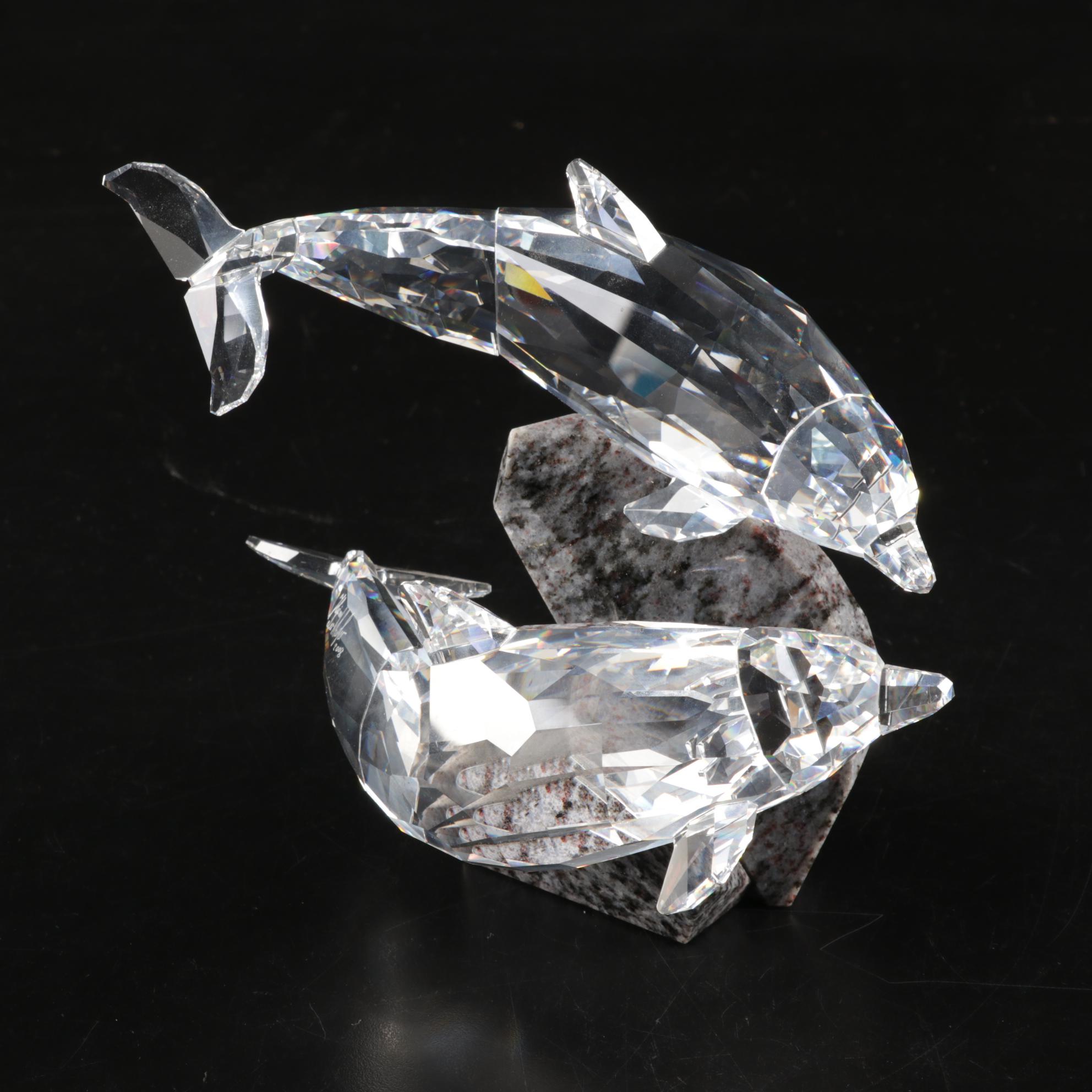 Swarovski Crystal & Blue Granite "Dolphins" Sculpture Signed Heinz Tabertshofer