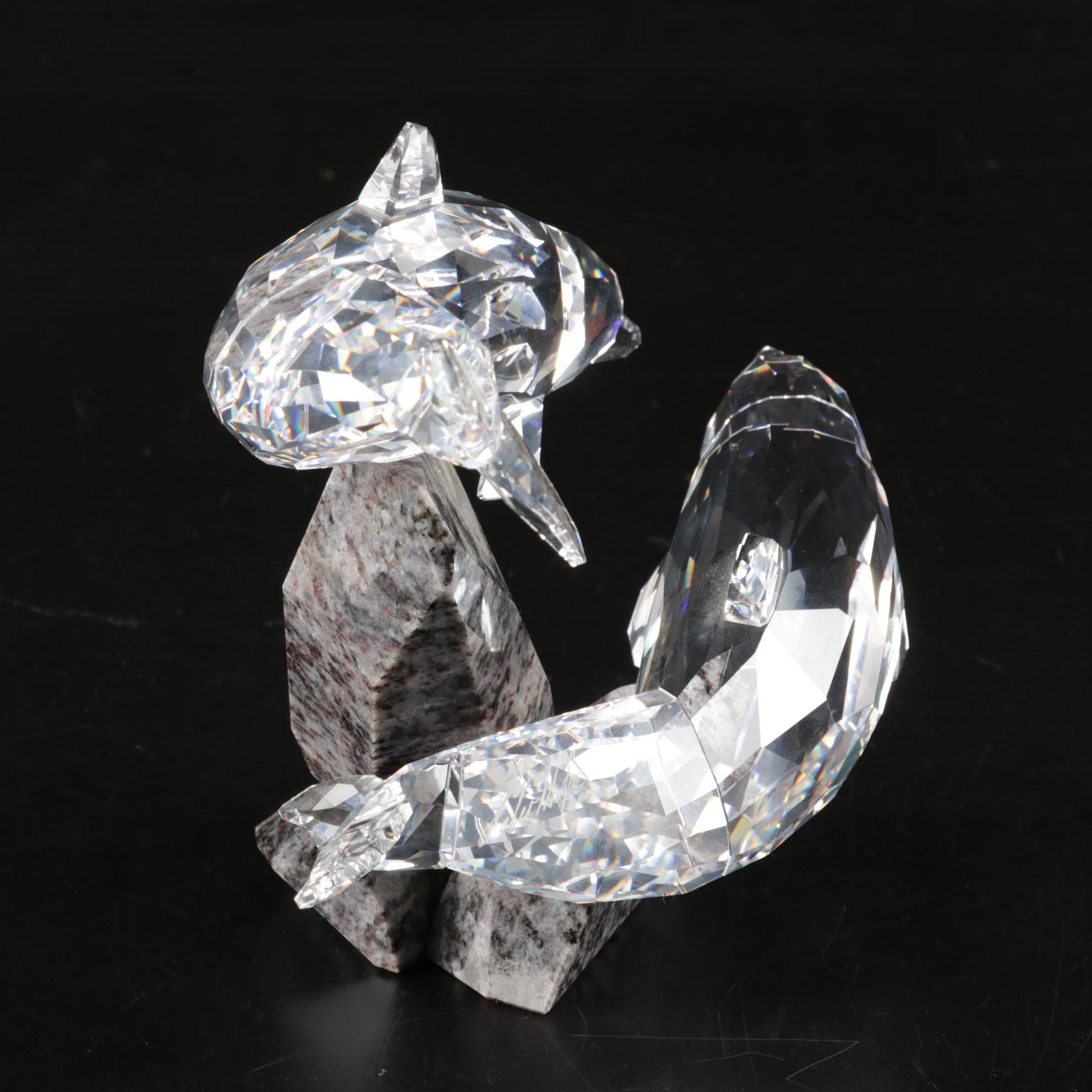 Swarovski Crystal & Blue Granite "Dolphins" Sculpture Signed Heinz Tabertshofer