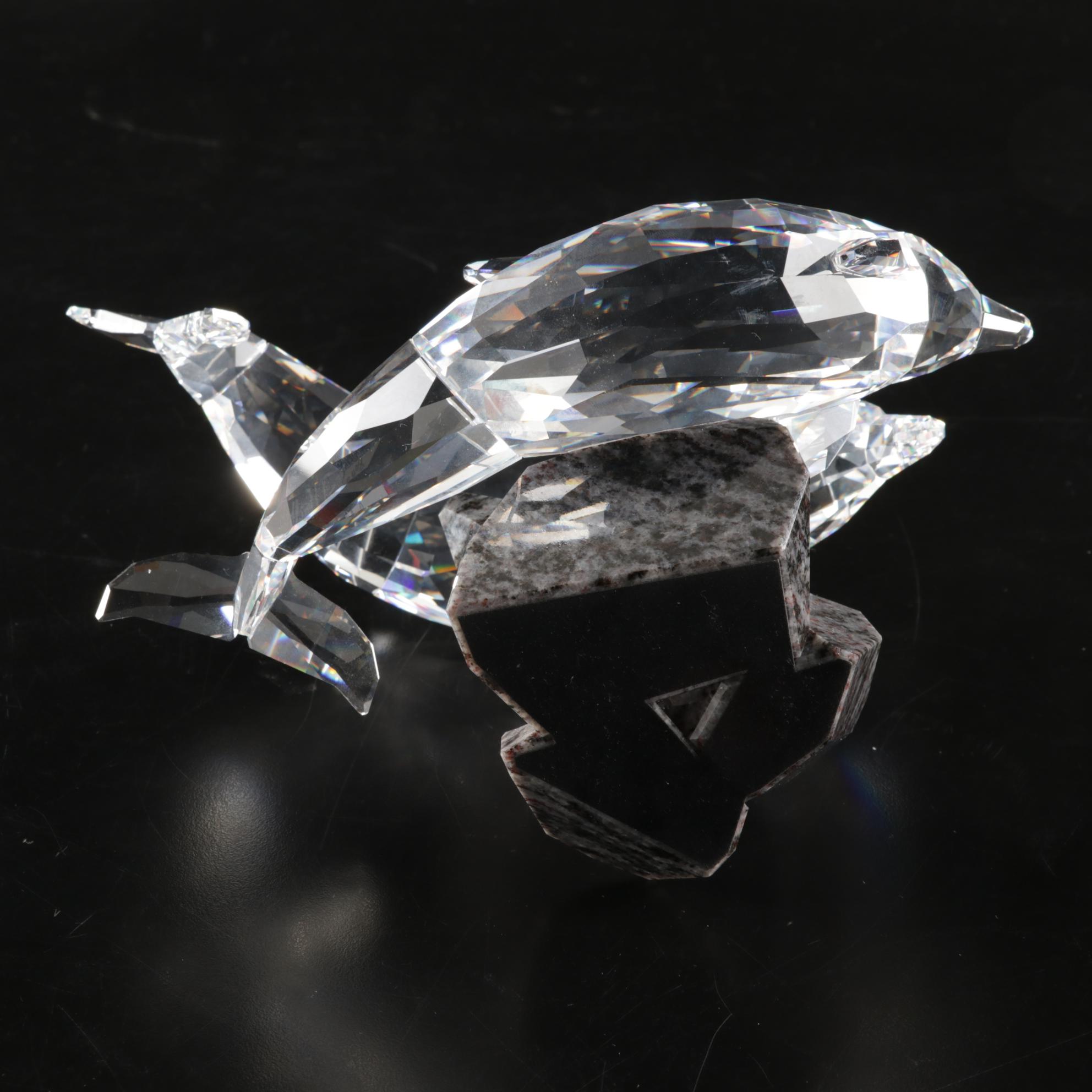 Swarovski Crystal & Blue Granite "Dolphins" Sculpture Signed Heinz Tabertshofer