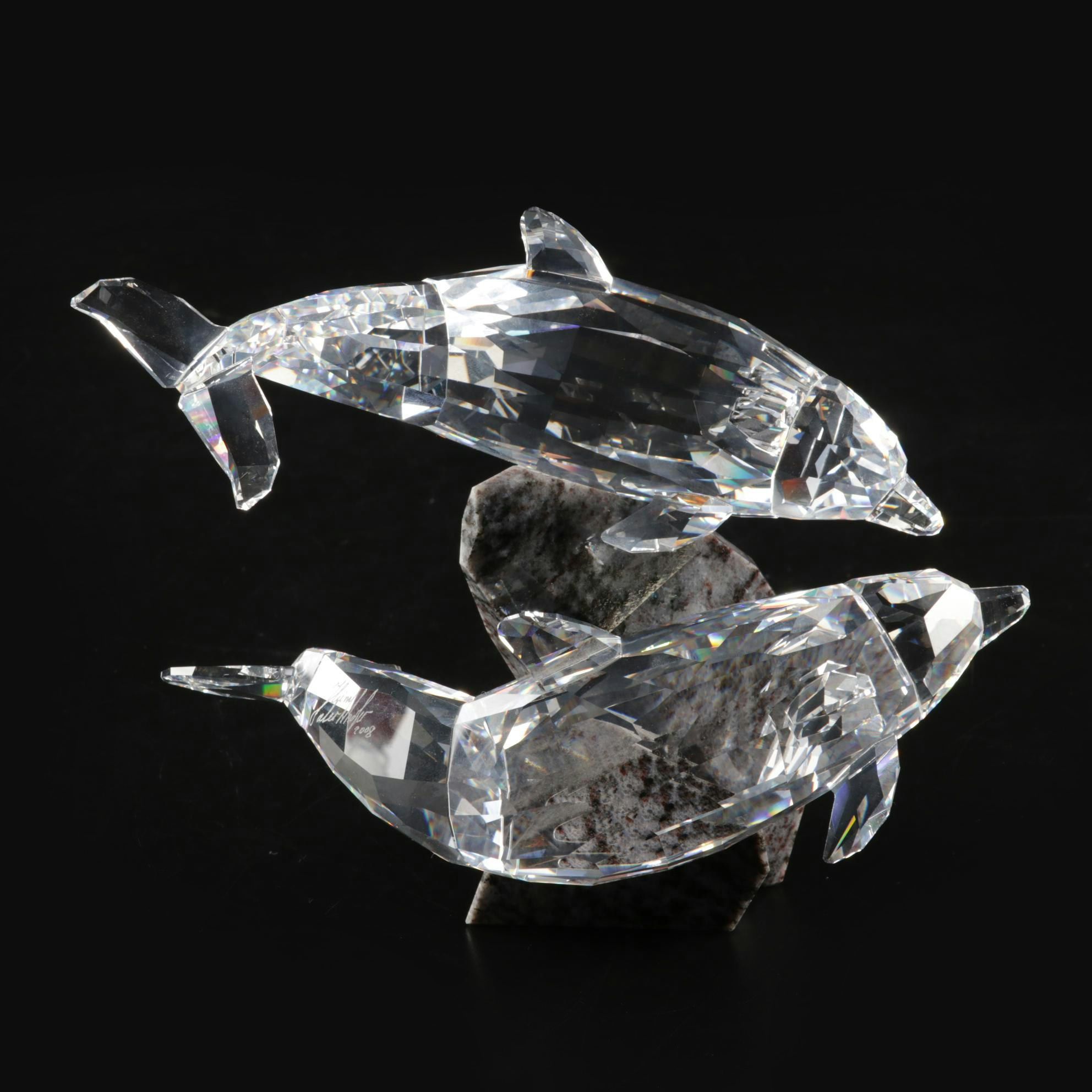 Swarovski Crystal & Blue Granite "Dolphins" Sculpture Signed Heinz Tabertshofer