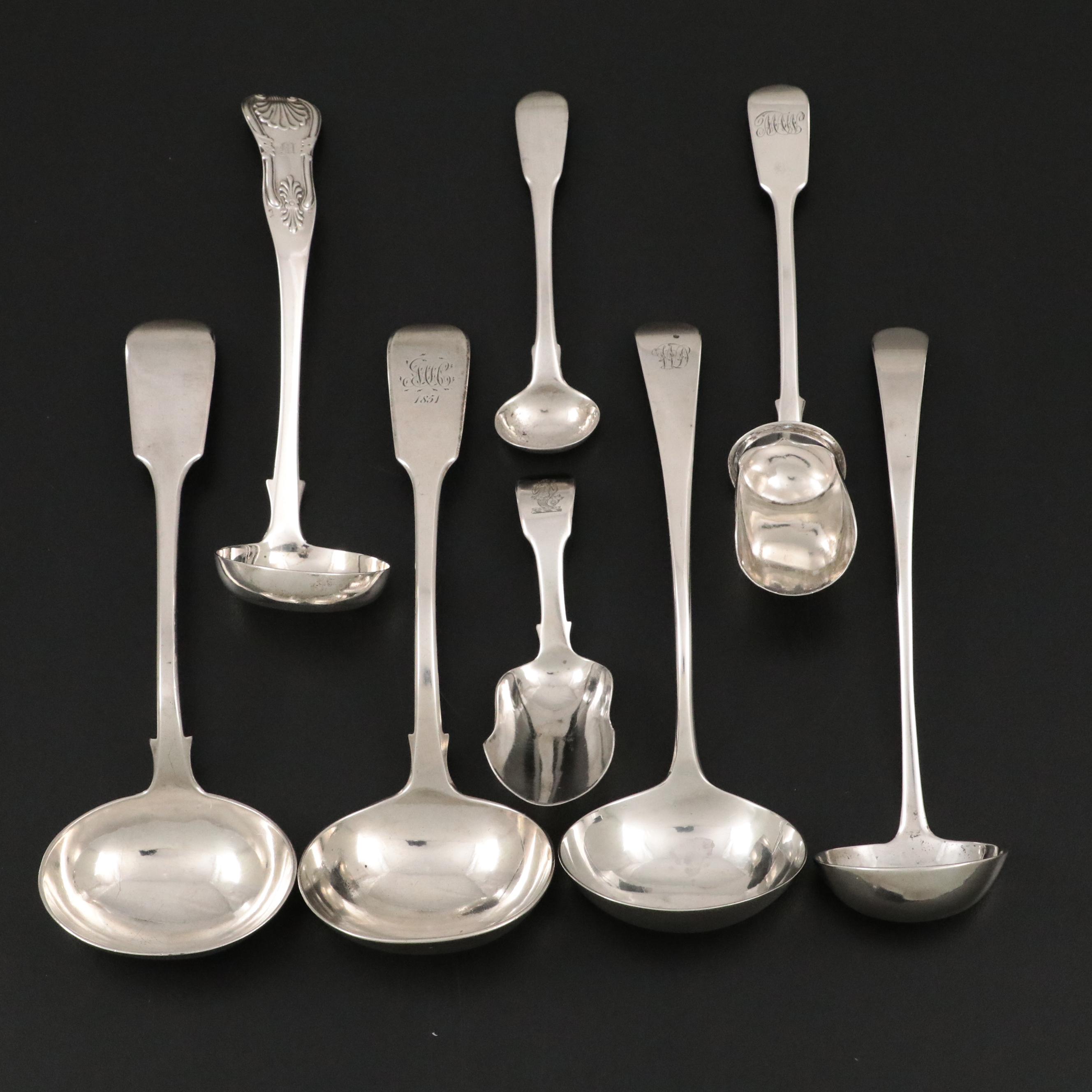 Scottish George Bell Sterling Cream Ladle with English Sterling Serving Utensils