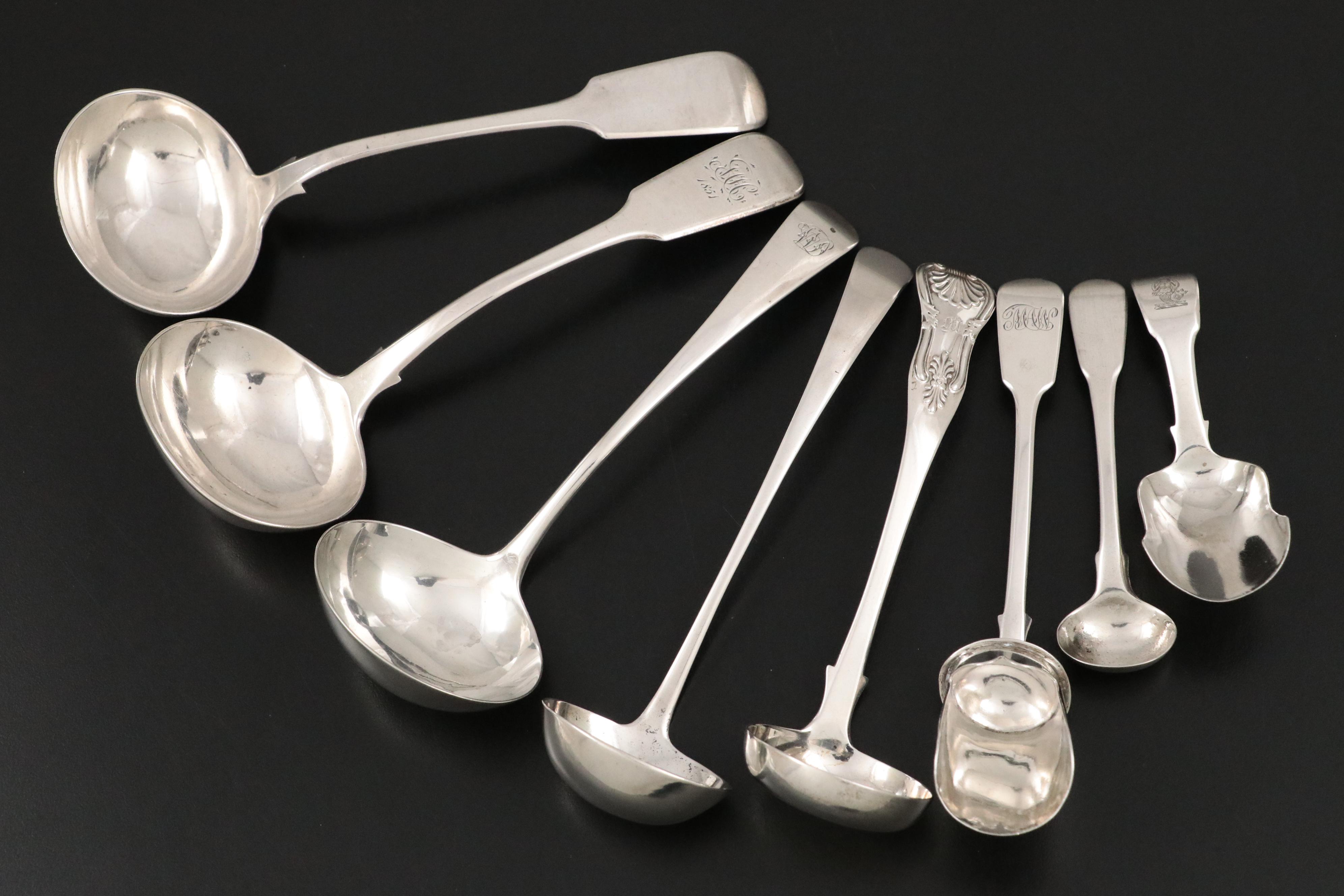 Scottish George Bell Sterling Cream Ladle with English Sterling Serving Utensils