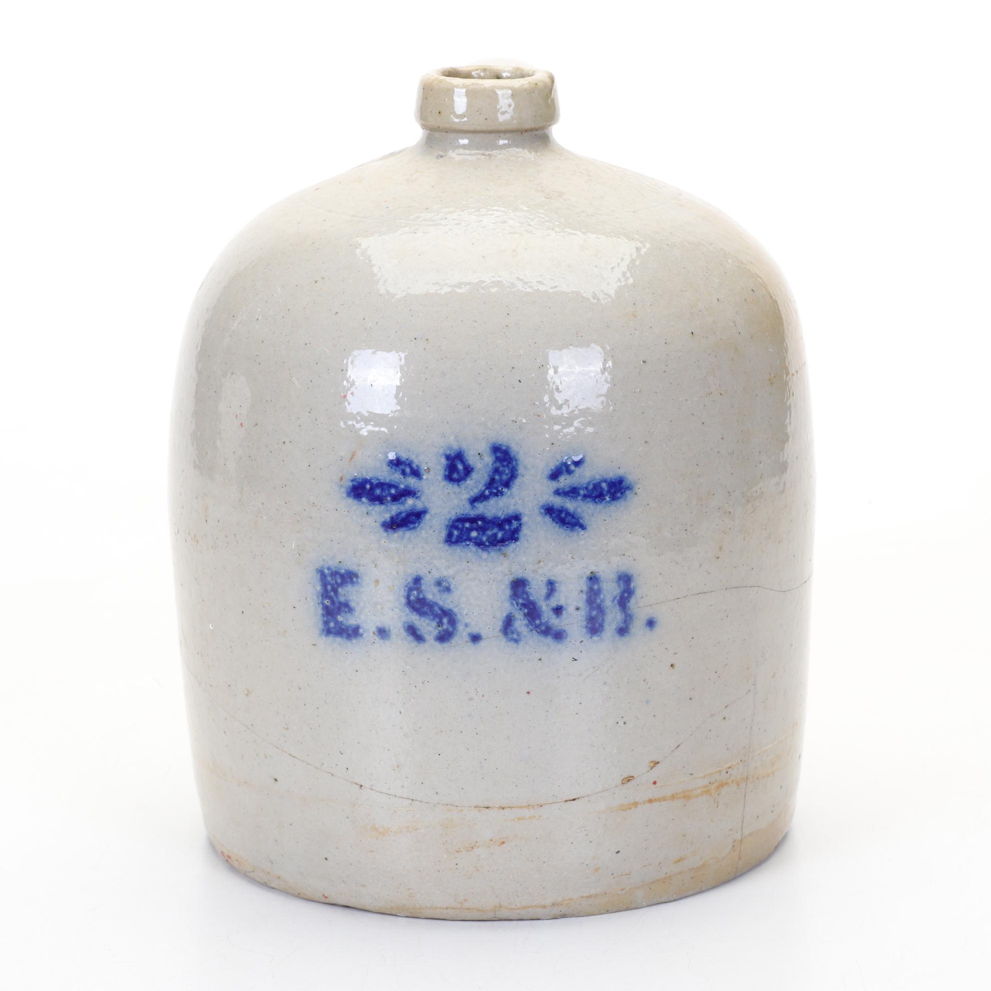 Pennsylvania E.S. & B Two Gallon Stoneware Jug With Blue Embellishment