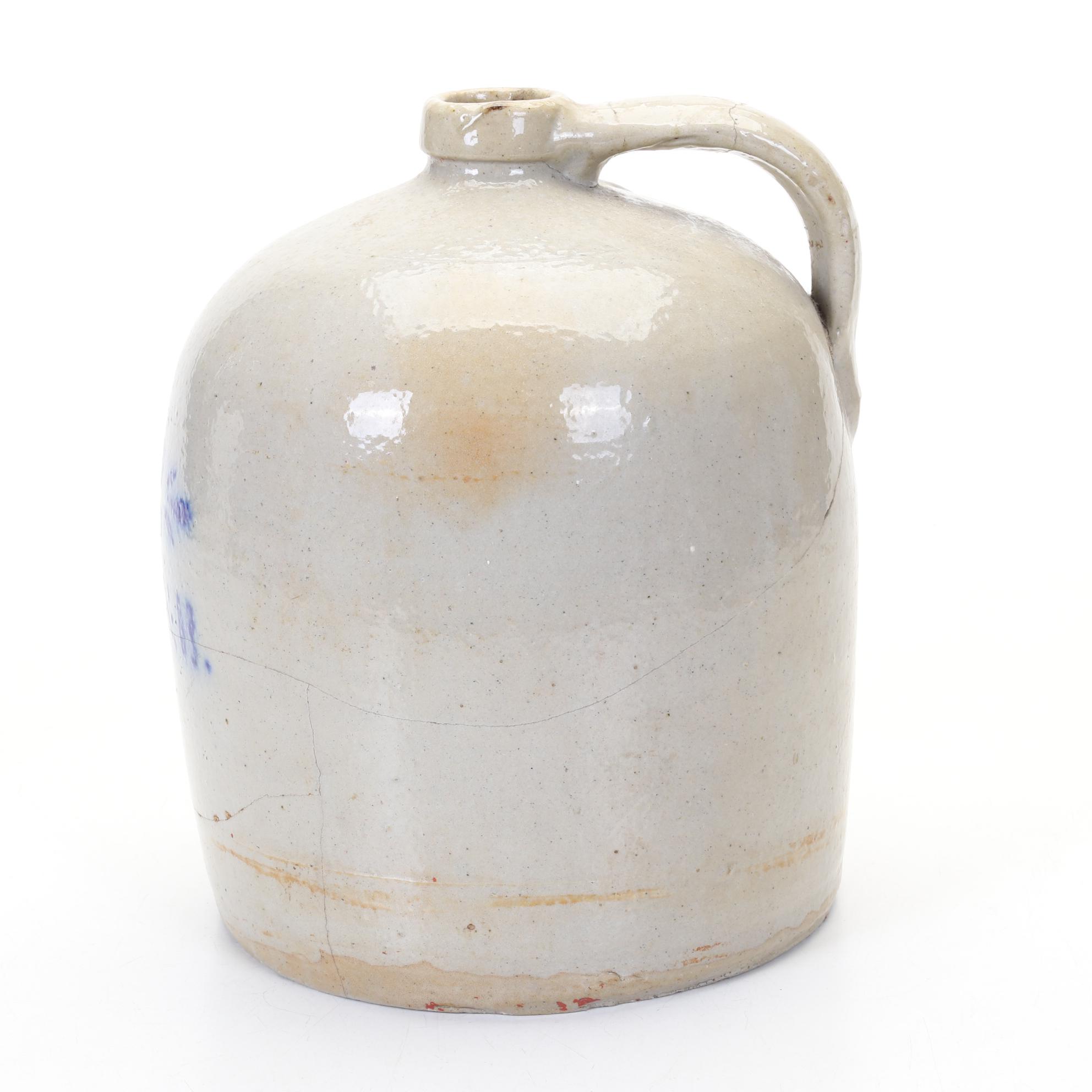 Pennsylvania E.S. & B Two Gallon Stoneware Jug With Blue Embellishment
