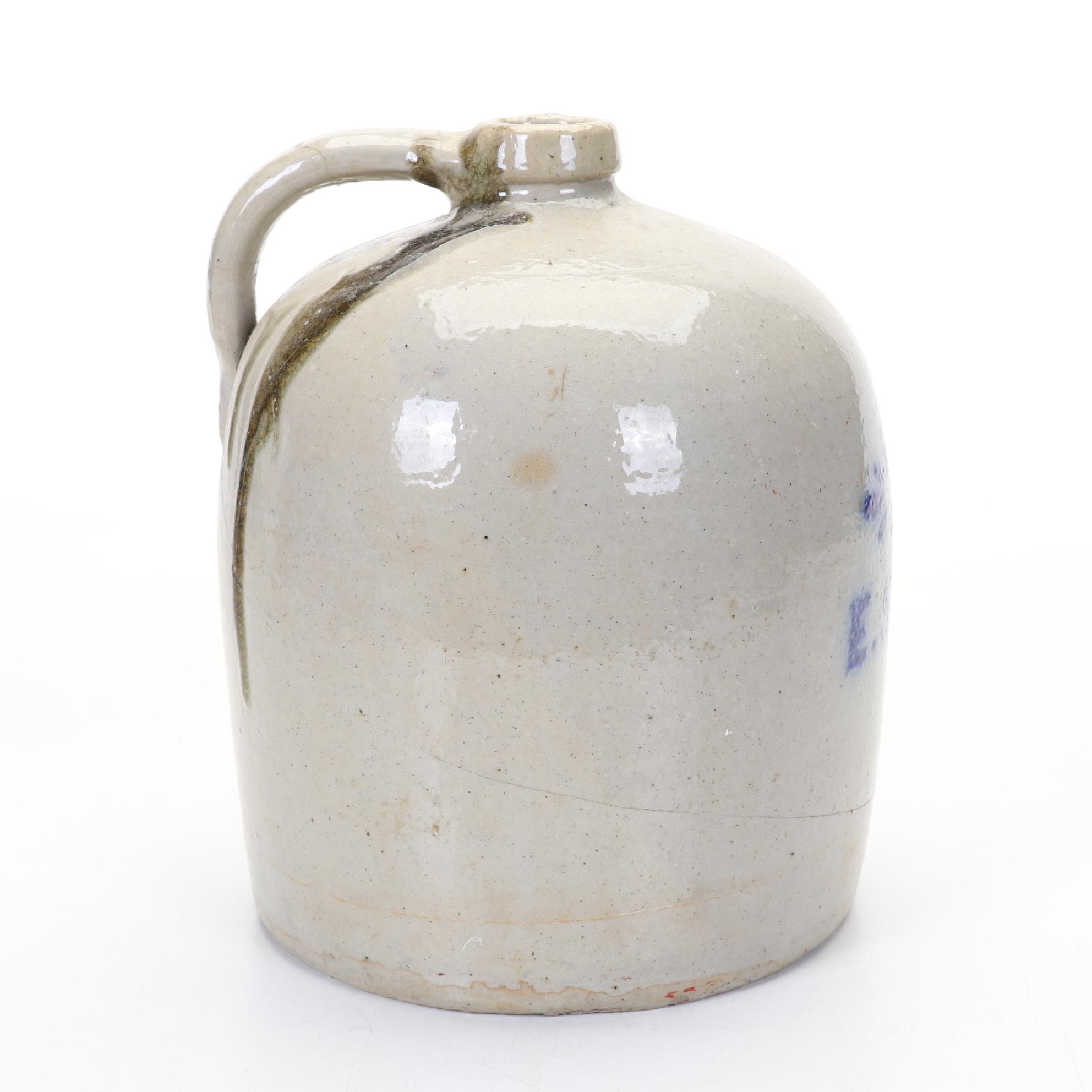 Pennsylvania E.S. & B Two Gallon Stoneware Jug With Blue Embellishment