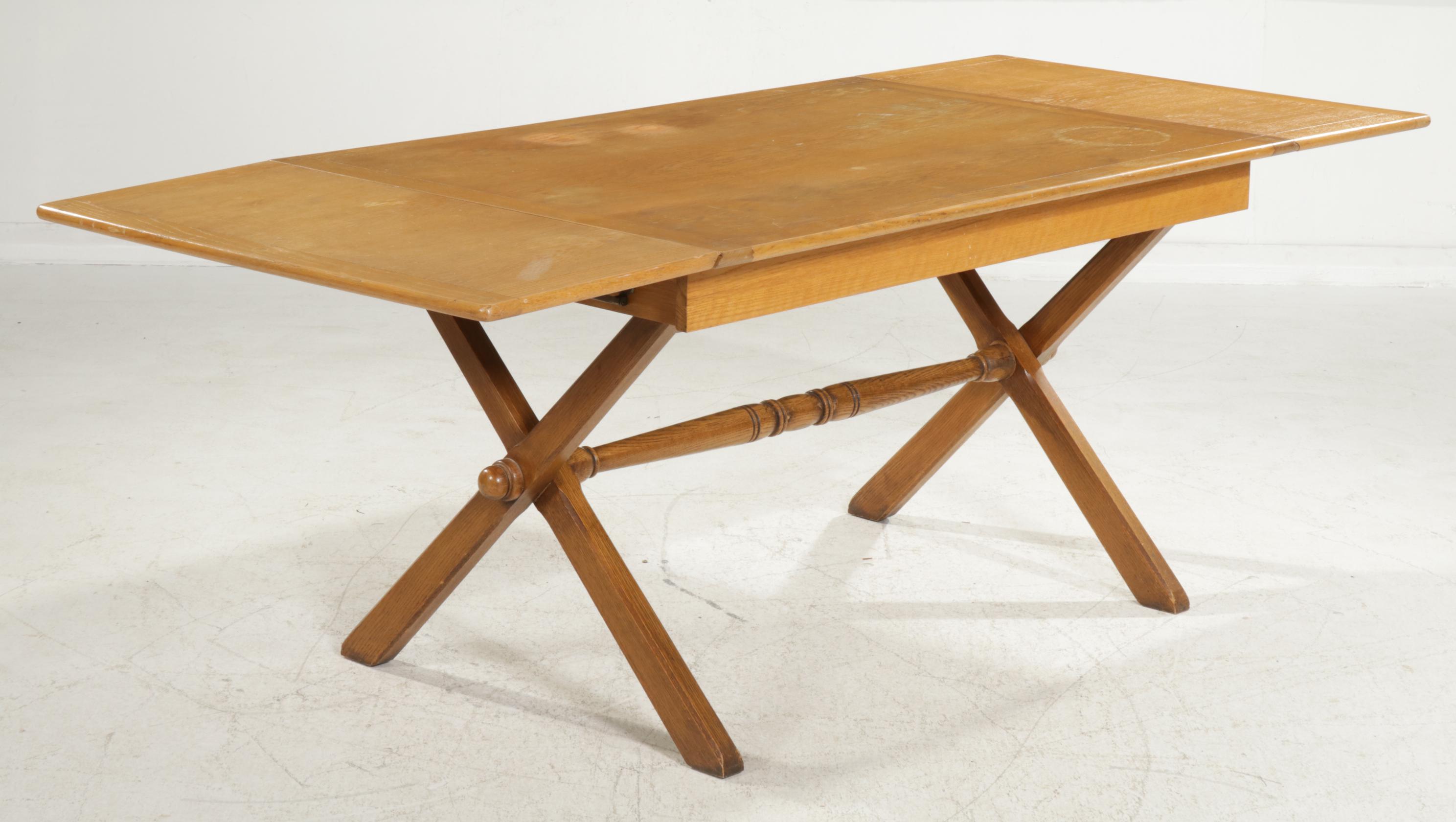 Oak and Mixed Woods Drop-Leaf Trestle Table