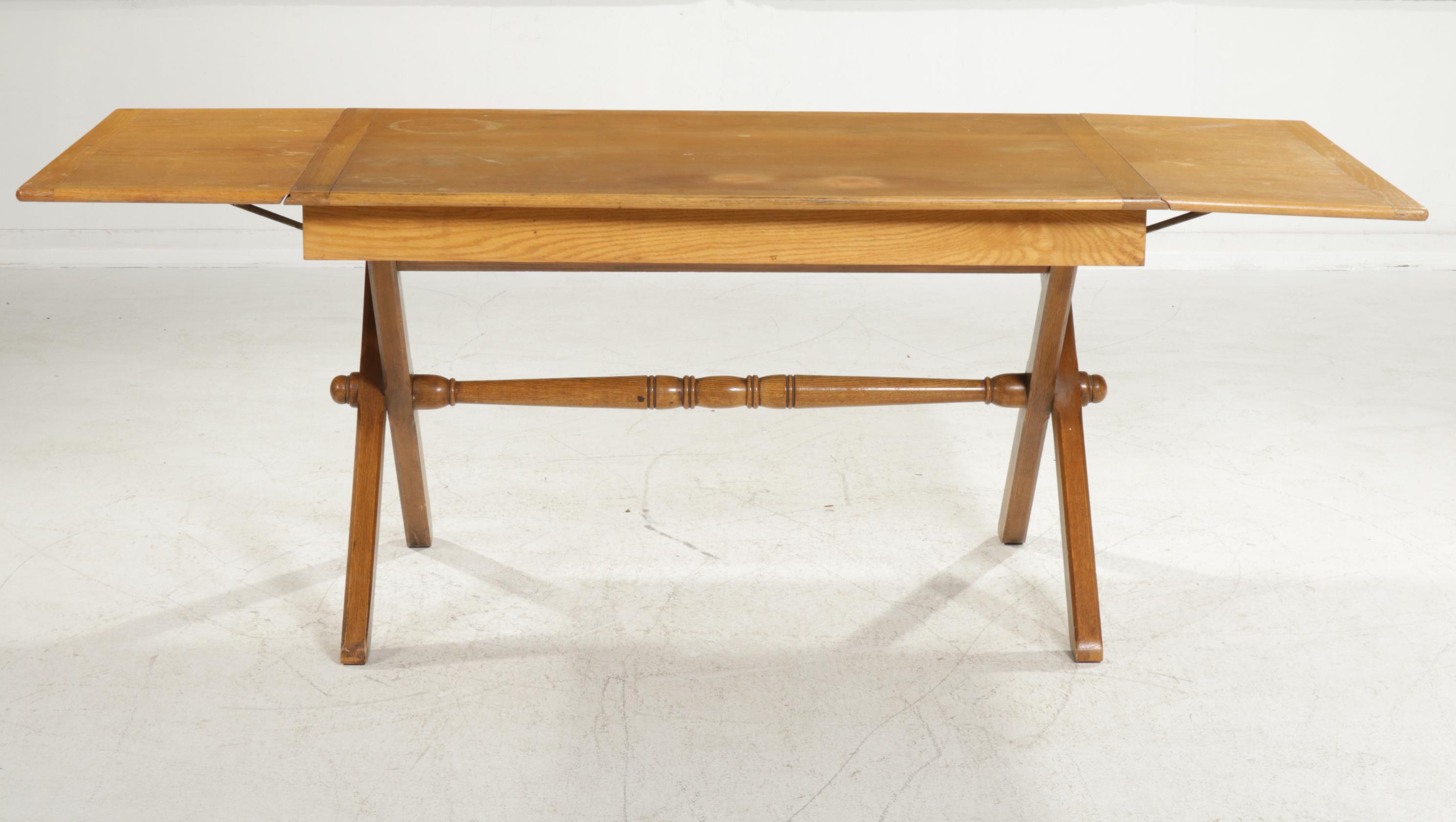 Oak and Mixed Woods Drop-Leaf Trestle Table
