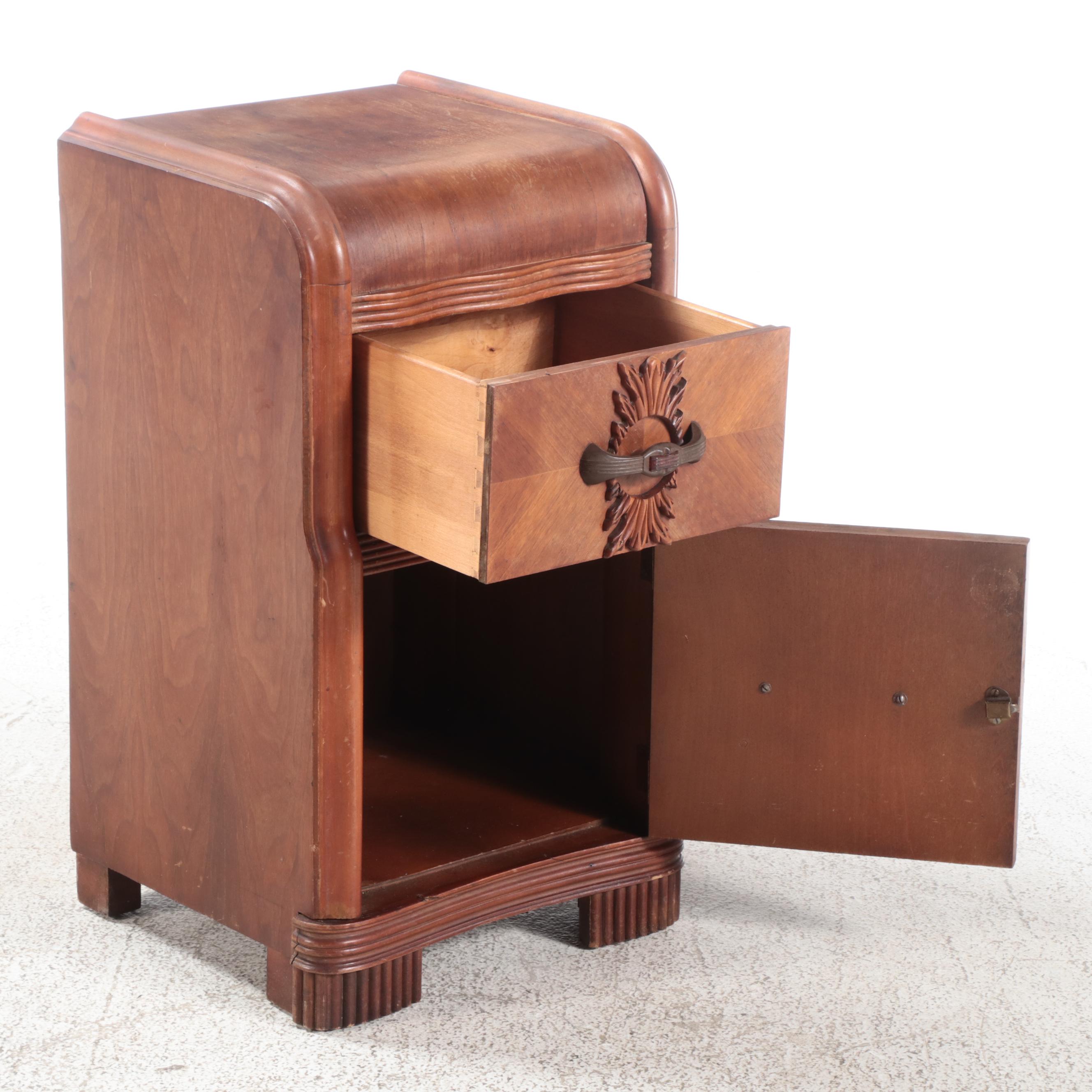 Art Deco Walnut and Mixed Woods "Waterfall" Bedside Table, Early to Mid-20th C.