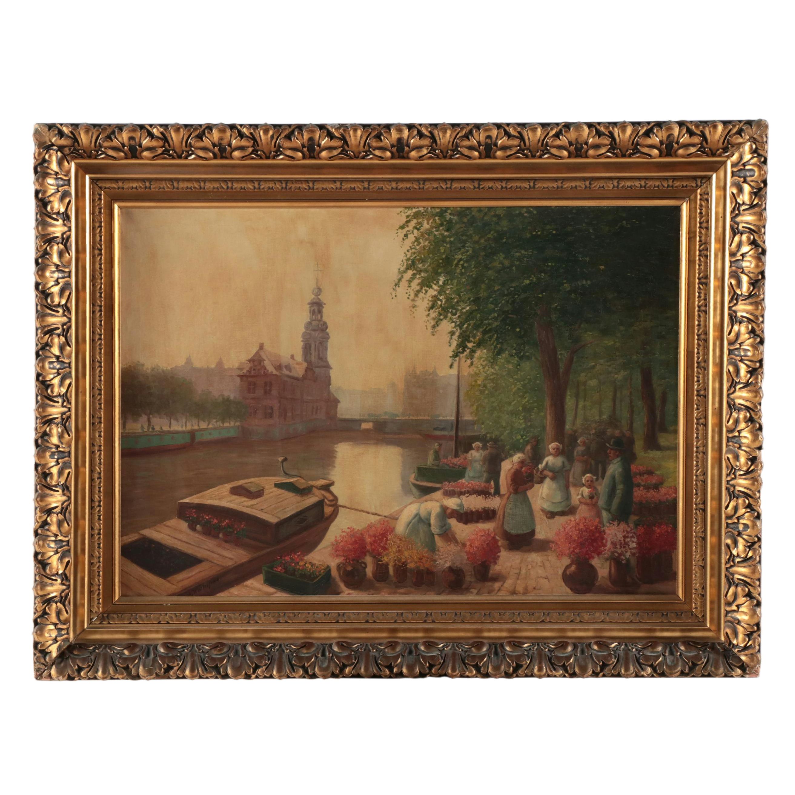 A. Klühspies Amsterdam Flower Market Oil Painting, Early 20th Century